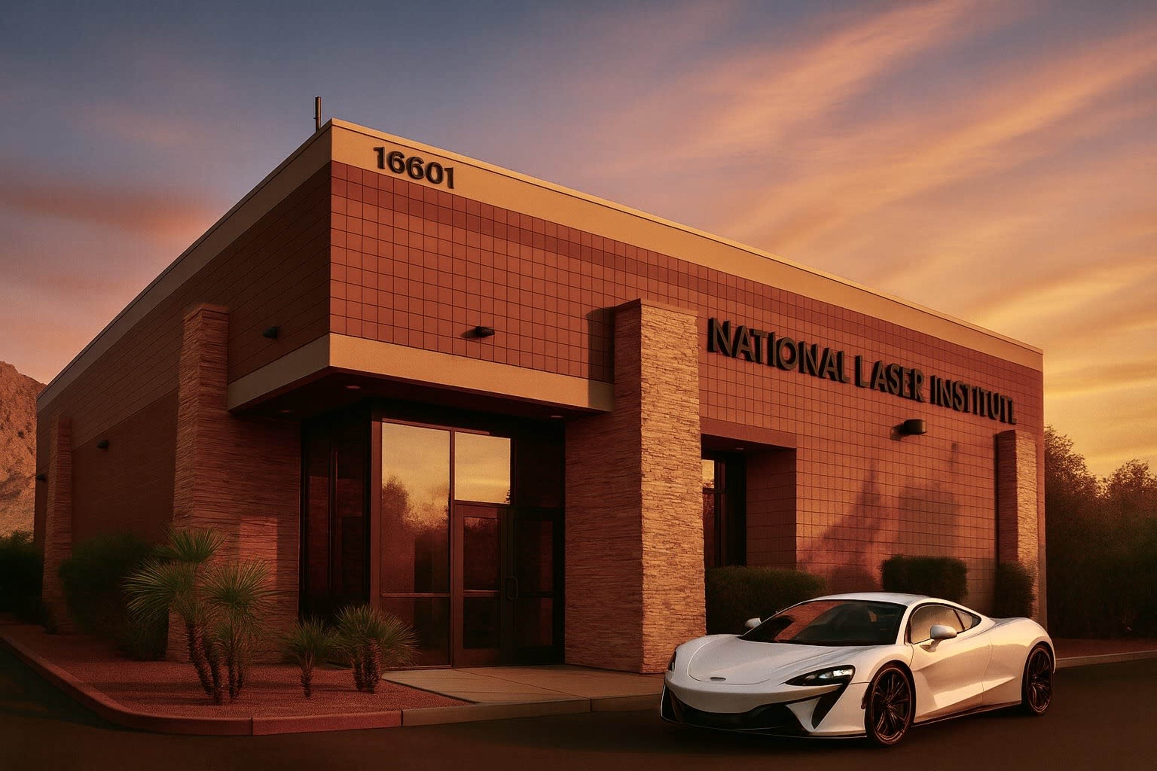 A sleek white sports car is parked in front of the National Laser Institute building, which is illuminated by the warm light of a sunset.