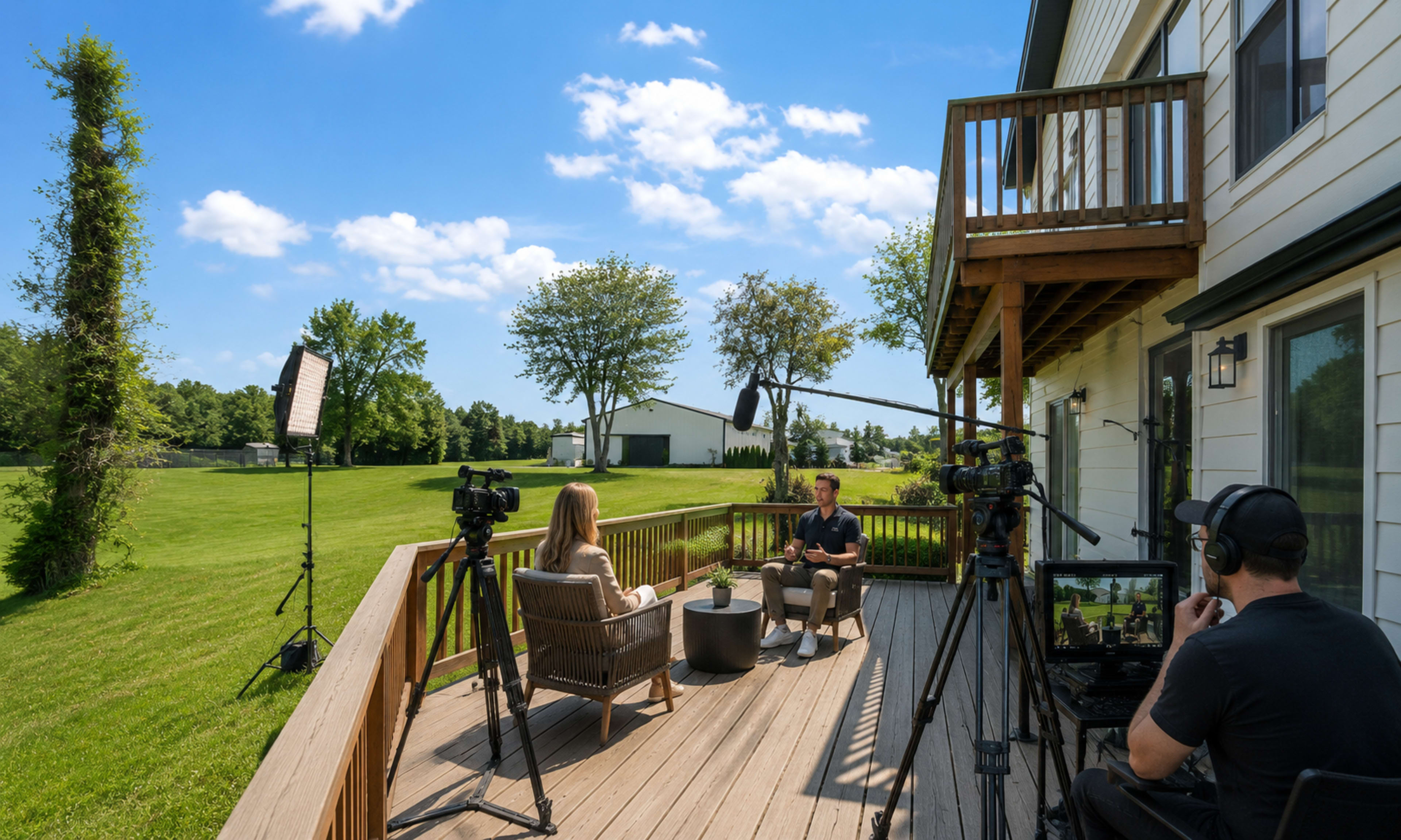 A video interview is taking place on a wooden deck, with two individuals seated and several cameras and equipment set up nearby, against a backdrop of a green landscape and blue sky.