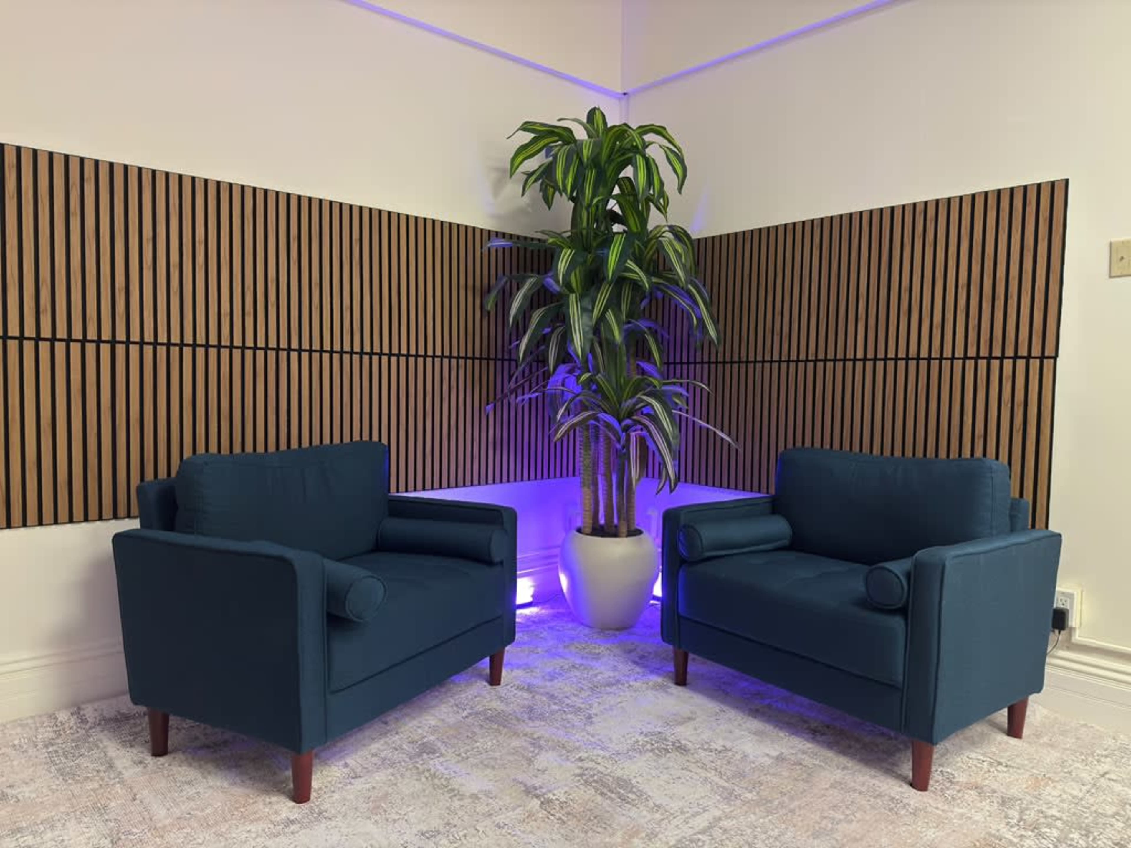Two teal armchairs are positioned facing each other in a room with wooden paneling and a potted plant illuminated by purple lighting.