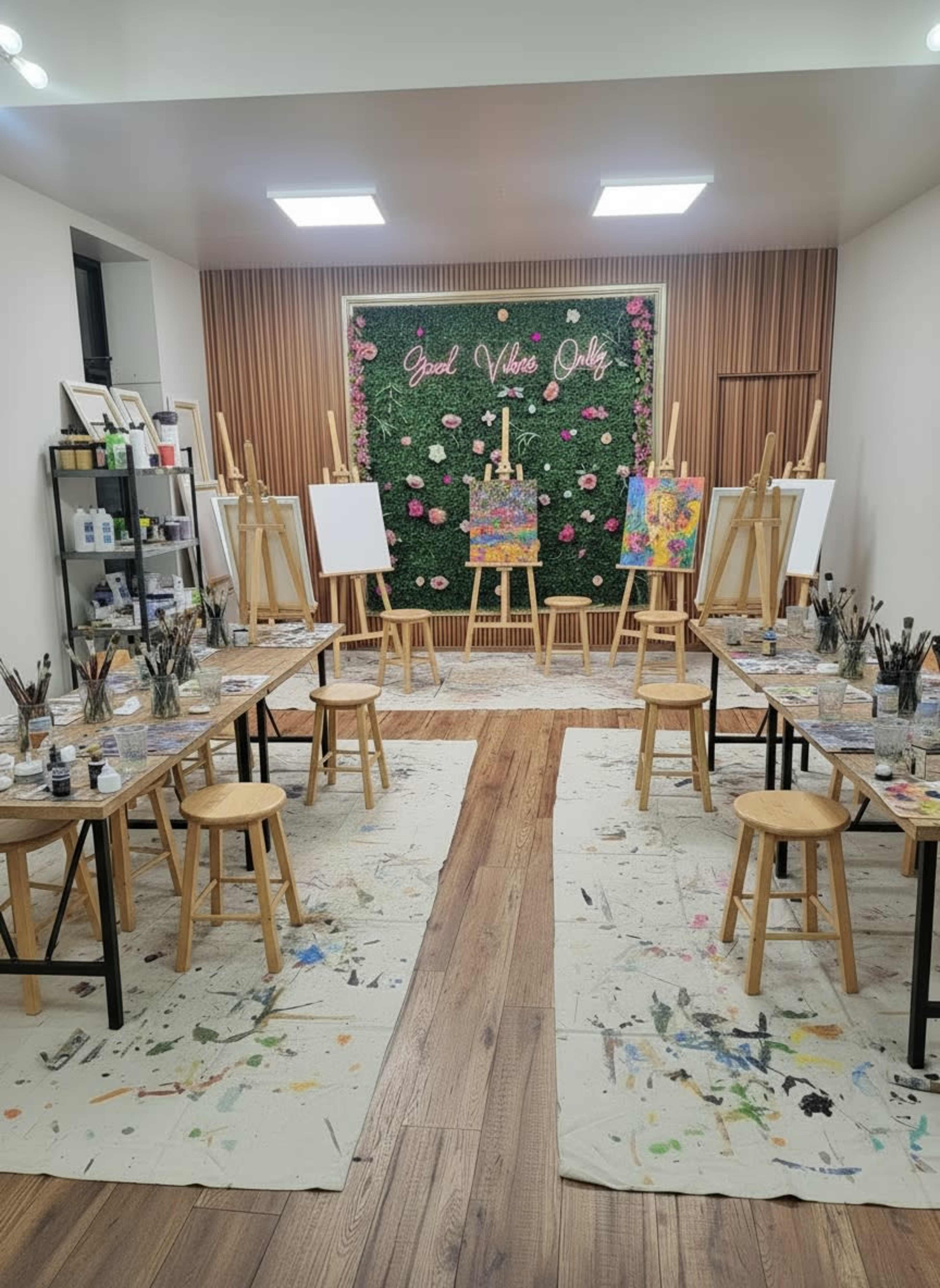 The image shows an art studio with multiple easels set up against a green wall adorned with flowers, while tables cluttered with art supplies are arranged on the floor covered in paint splatters.