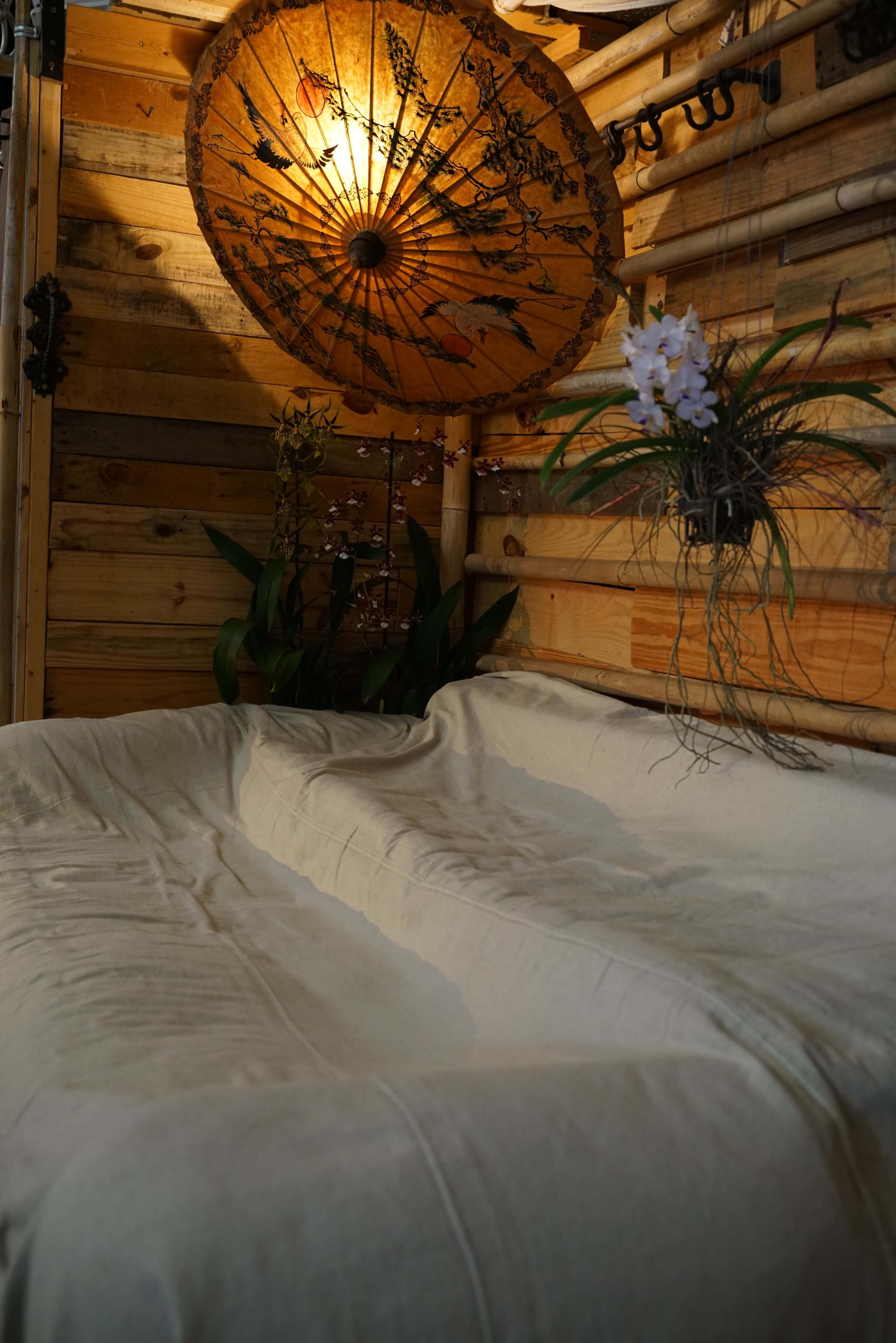 The image shows a cozy wooden interior with a sofa covered in a light fabric, an ornate parasol hanging above, and potted plants positioned nearby.