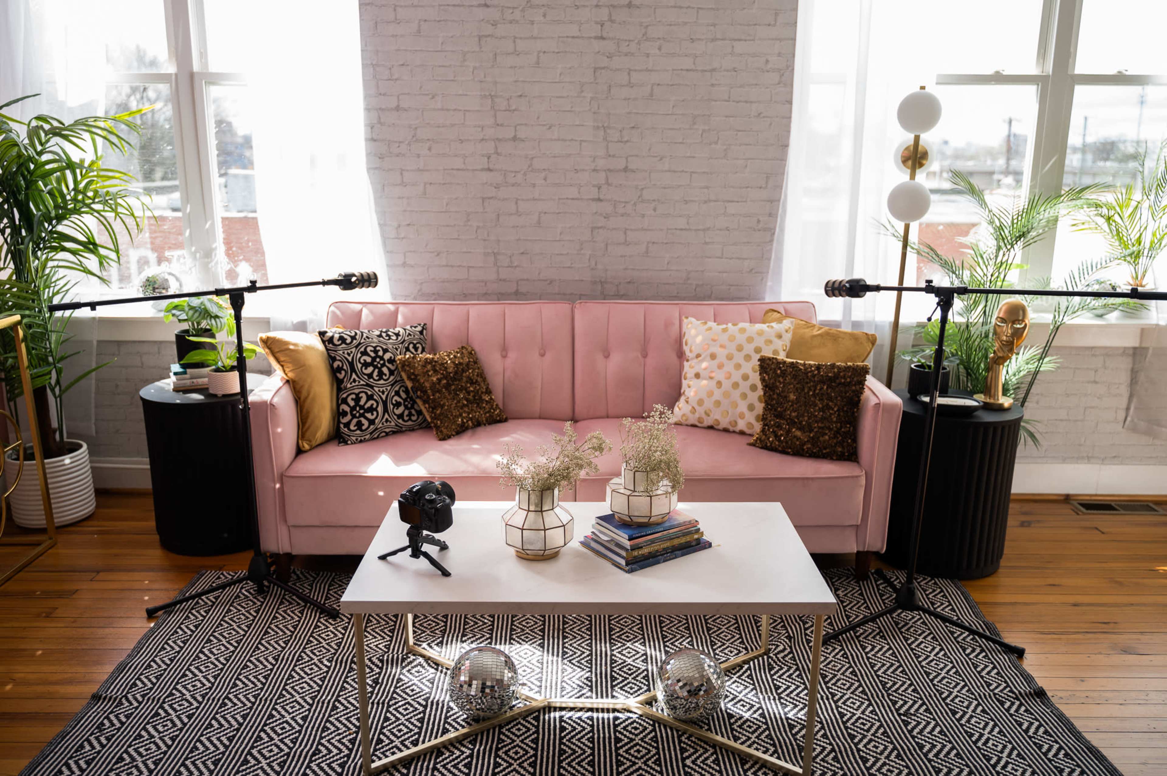 A pink sofa with decorative pillows sits in a well-lit room, accompanied by two microphones on stands and a coffee table with plants and books on a patterned rug.