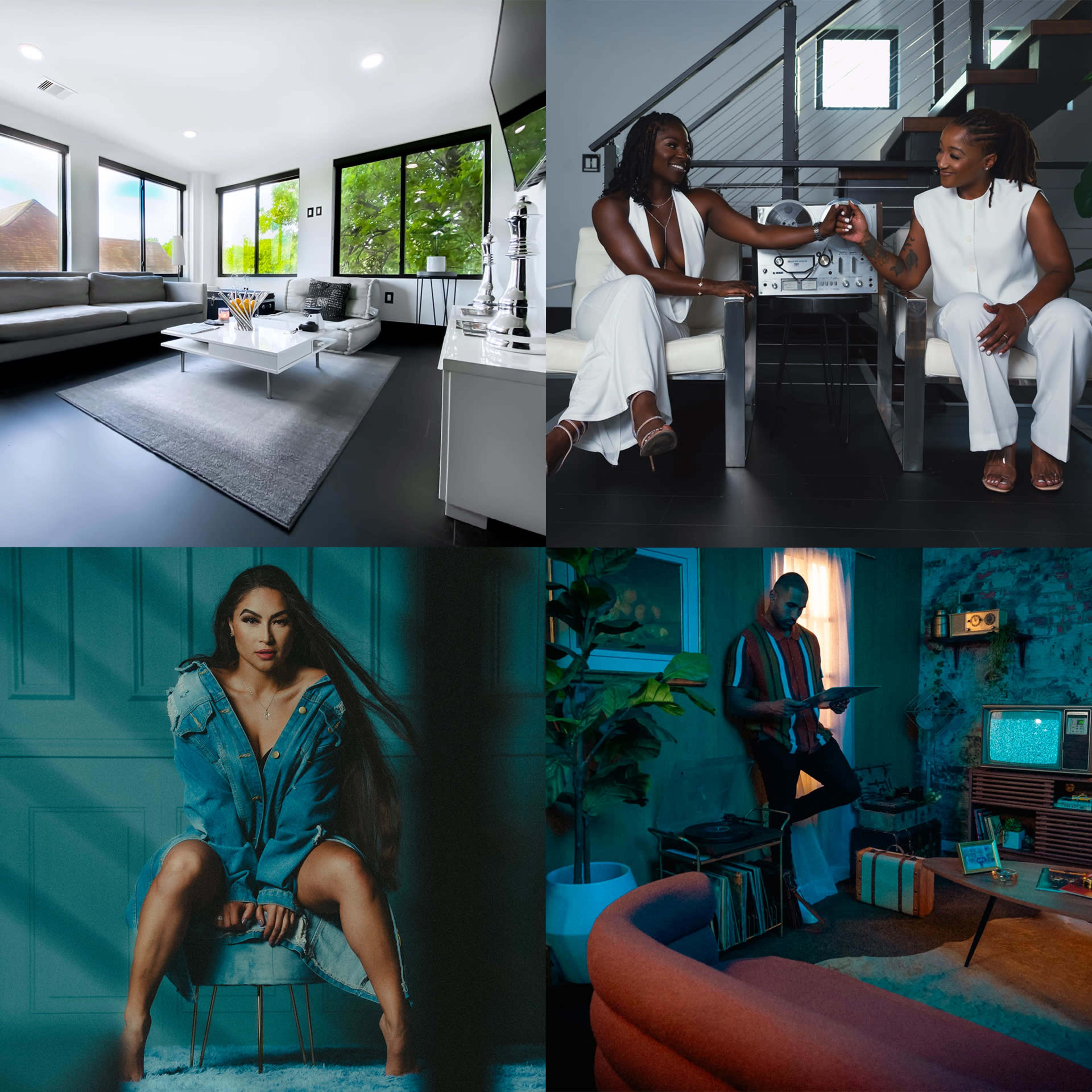 The image showcases four distinct scenes: a modern living room with large windows, two women laughing and clinking glasses in a stylish seated arrangement, a woman posing in casual attire, and a man interacting with a vintage television in a dimly lit, retro-style room.