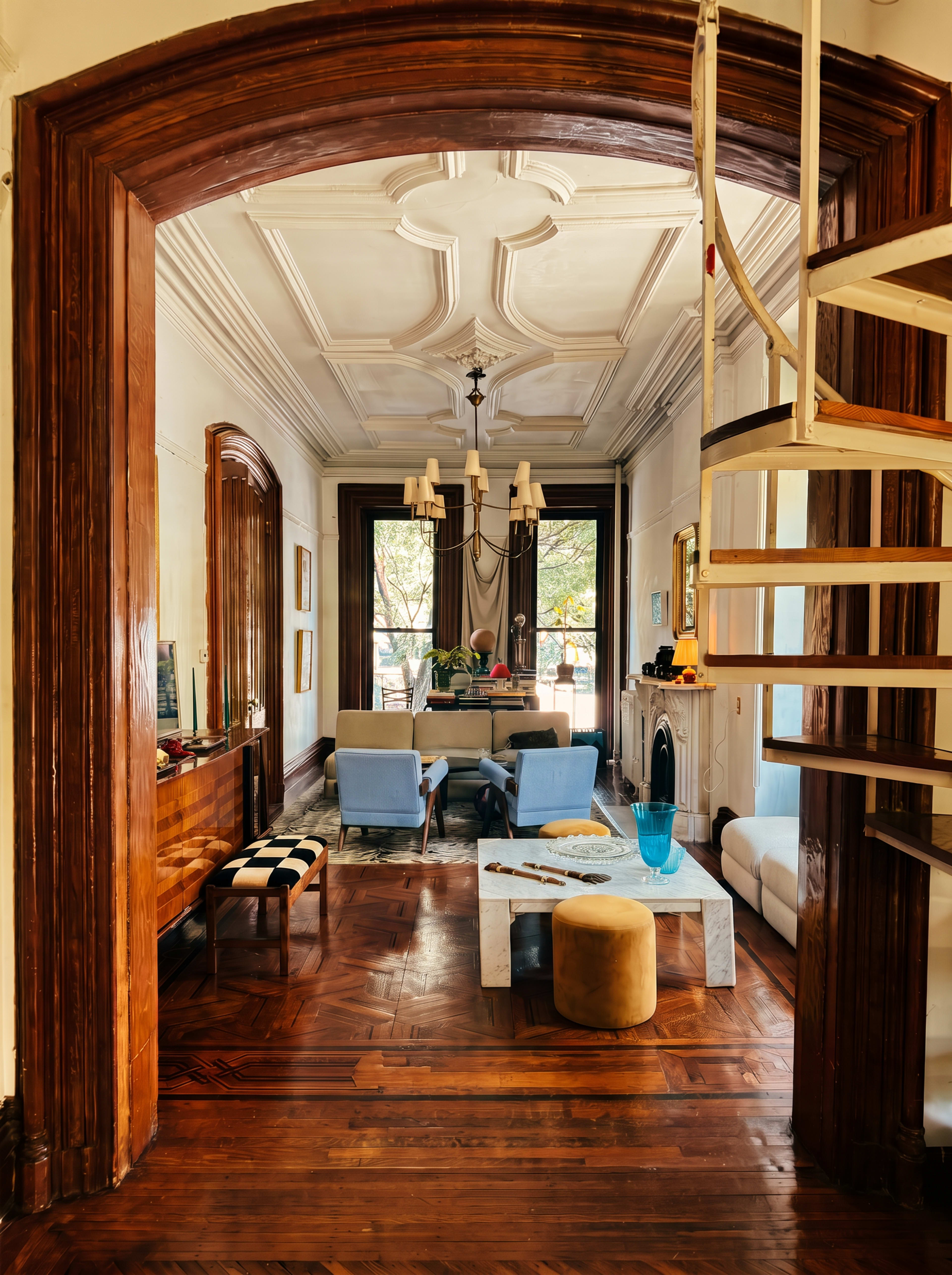 The image depicts a stylish interior of a home featuring a curved staircase, wooden flooring, and a cozy living area with various seating arrangements and decor.