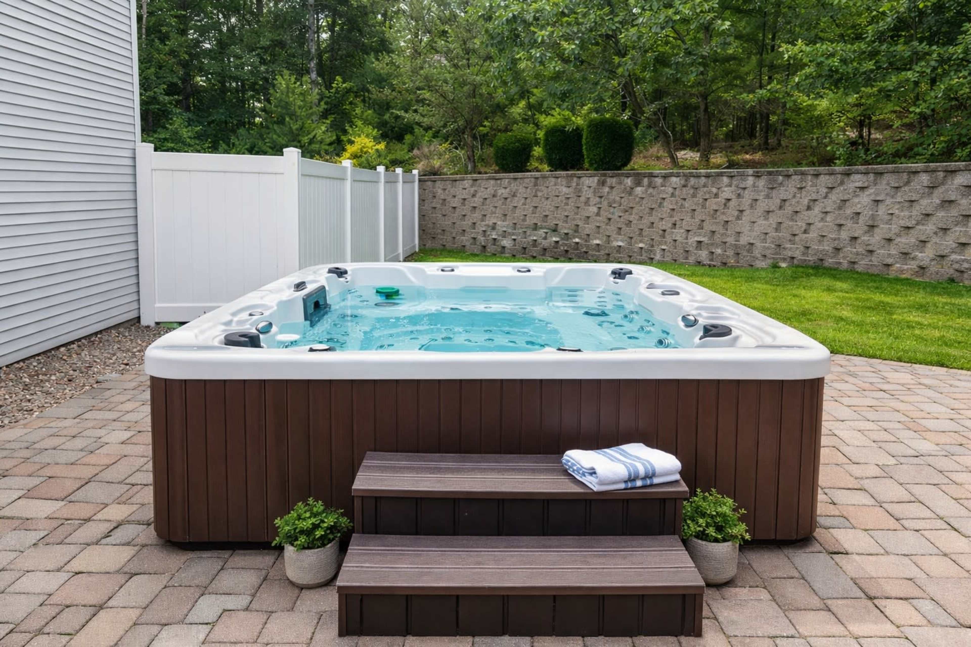 A hot tub is situated on a stone patio, surrounded by grass and a white privacy fence, with steps leading up to it.