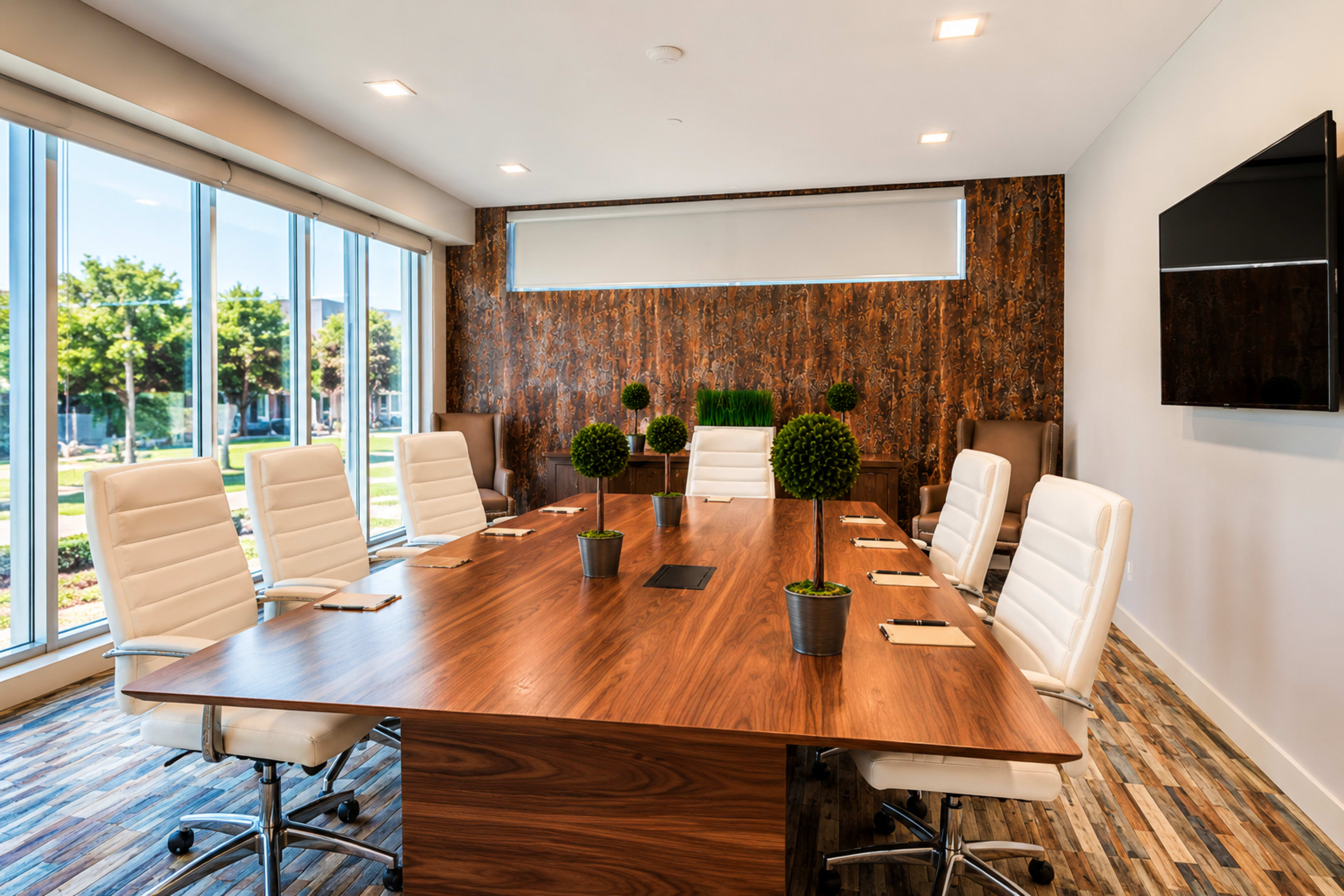 The image shows a modern conference room with a large wooden table surrounded by white leather chairs, large windows, and a television mounted on the wall.