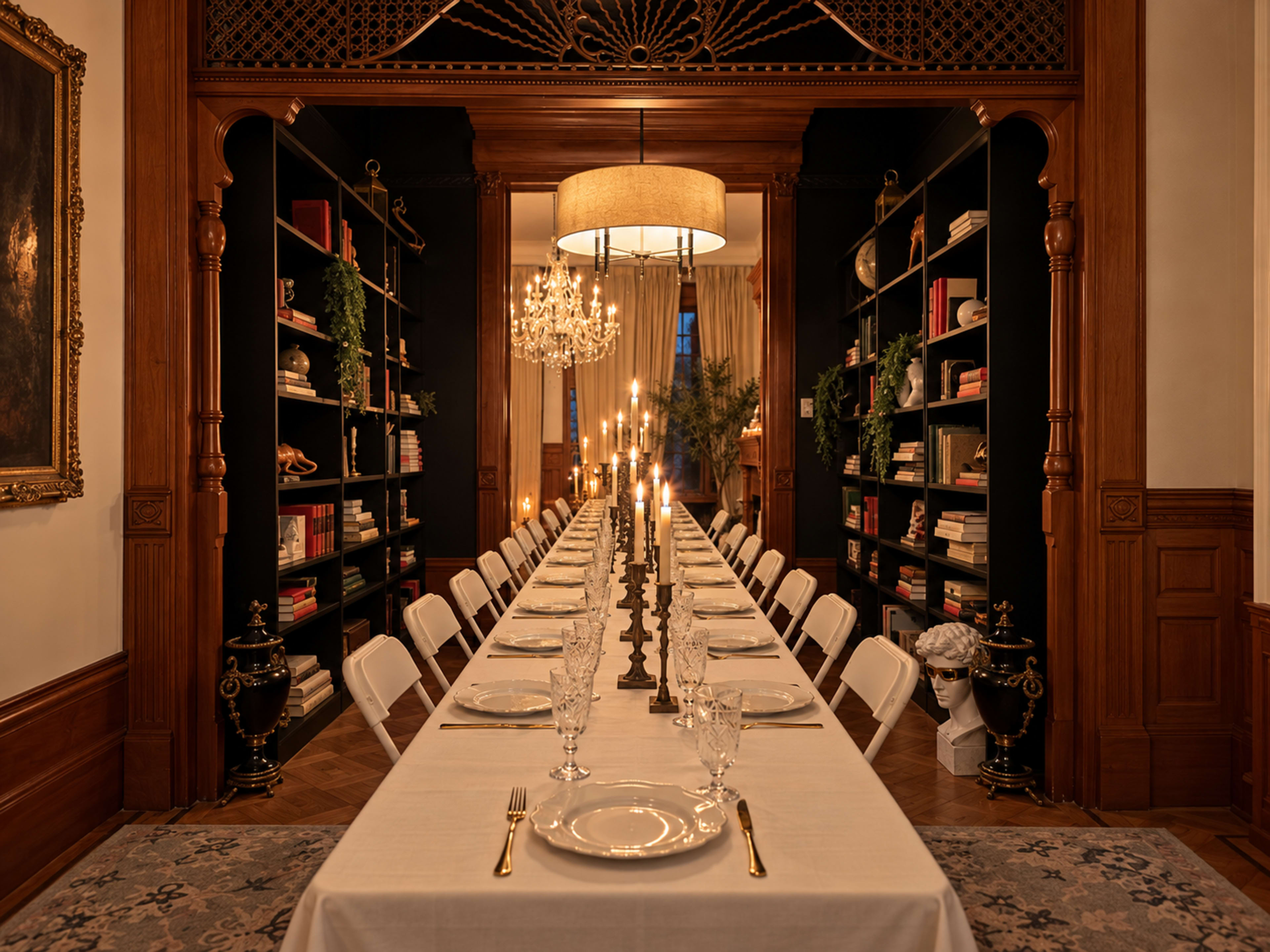 The image shows a long dining table set with plates and glassware, illuminated by candles and surrounded by a decorated room with bookshelves.