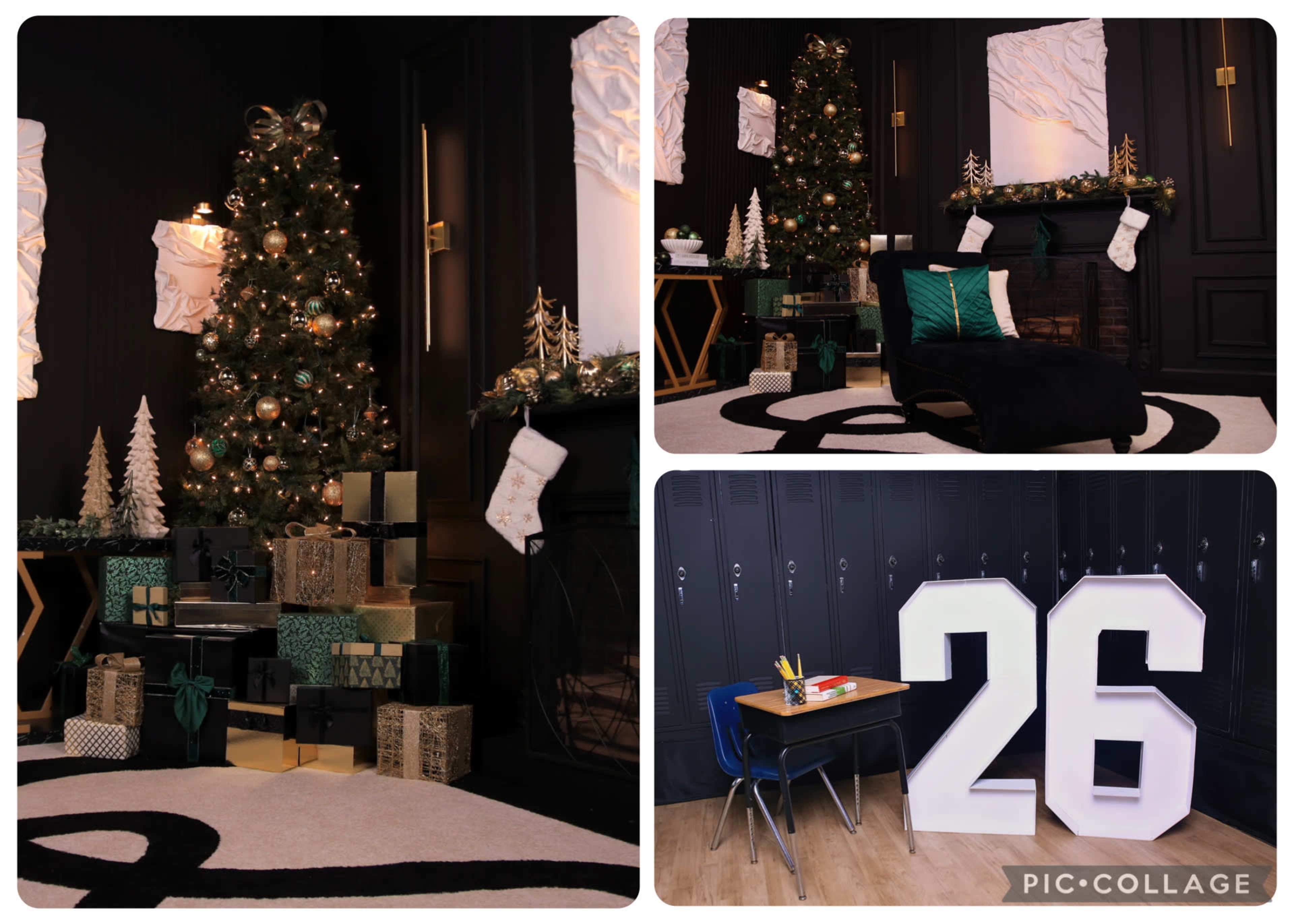 The image features a decorated holiday room with a Christmas tree, stockings hanging by a fireplace, and presents arranged on the floor, along with a prominent display of the number "26."