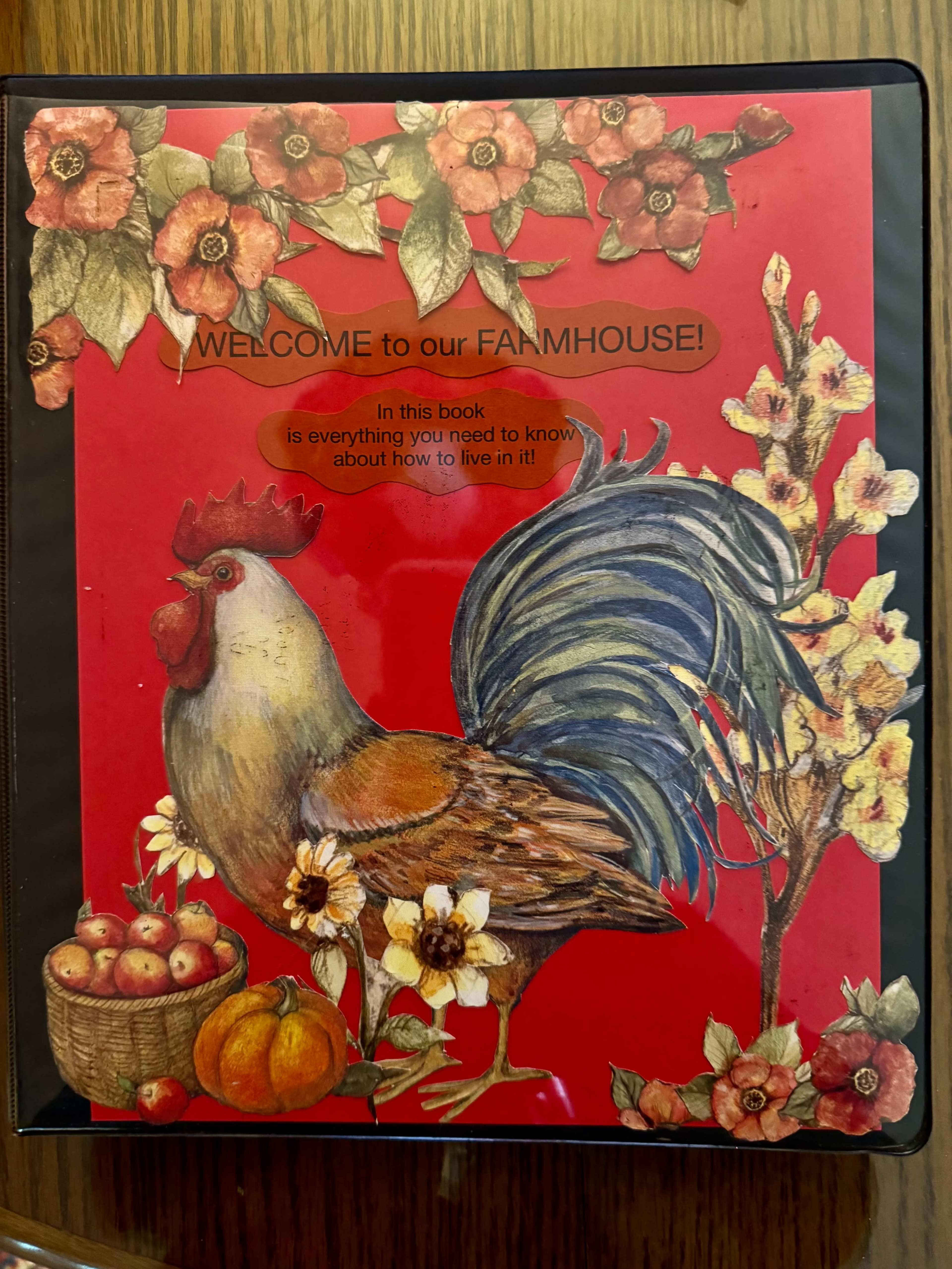 The image depicts a decorative cover for a book titled "WELCOME TO OUR FARMHOUSE!" featuring a rooster surrounded by flowers, fruits, and pumpkins.