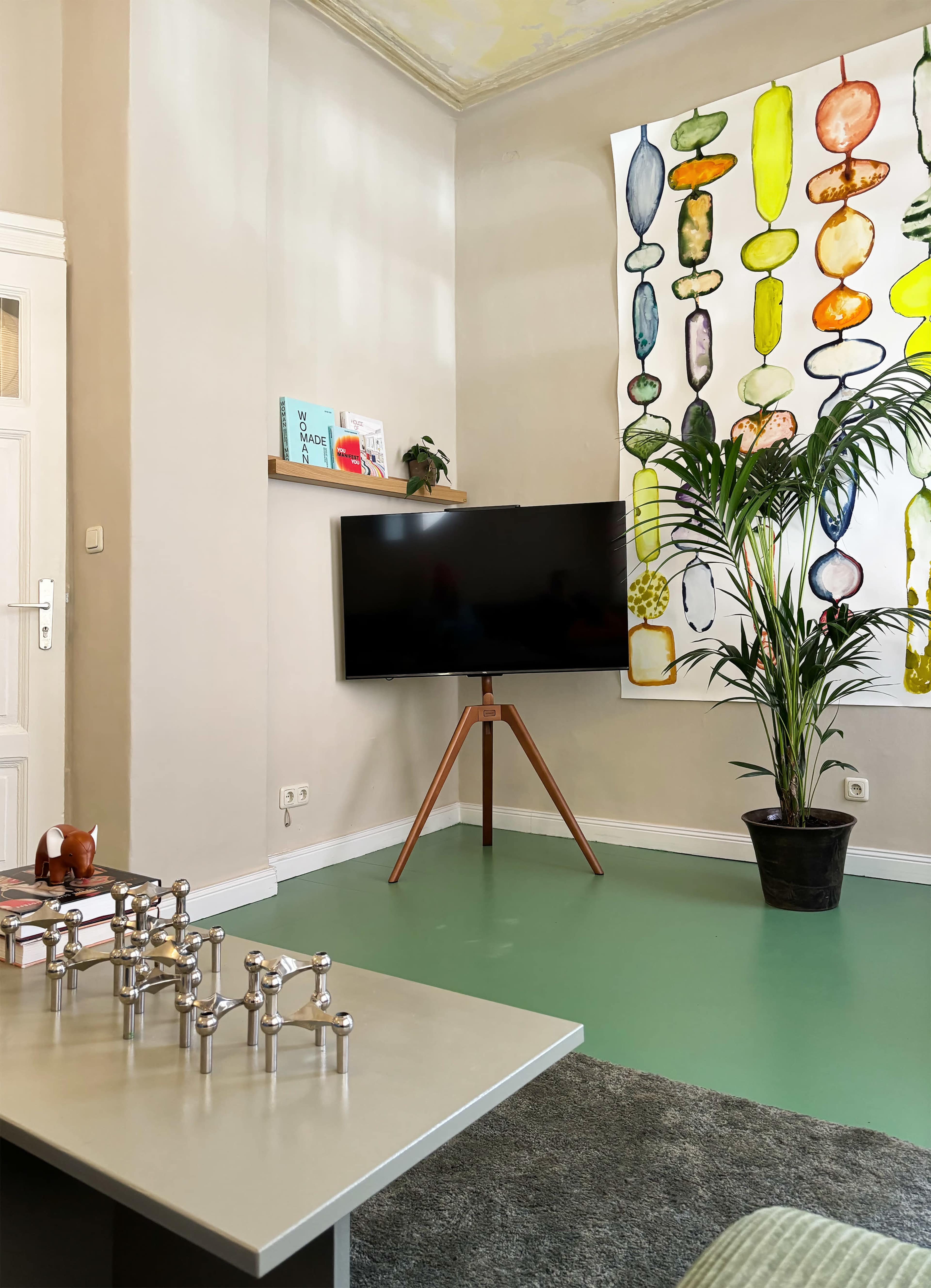 A living room features a television on a wooden stand, a potted plant, and a colorful wall hanging with abstract designs.