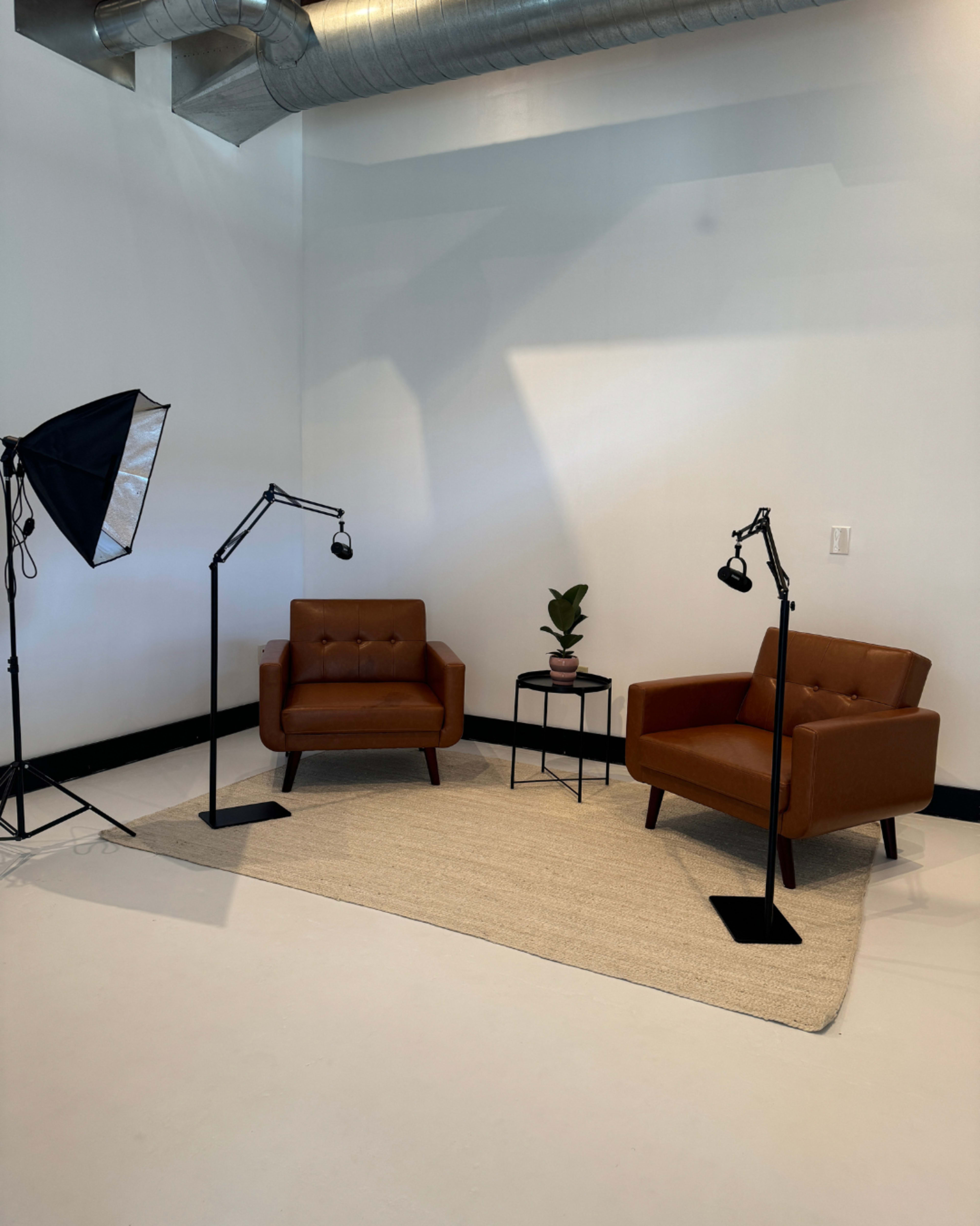 A minimalistic interior setup with two brown armchairs, a small black side table with a plant, and a soft rug, illuminated by adjustable floor lamps.