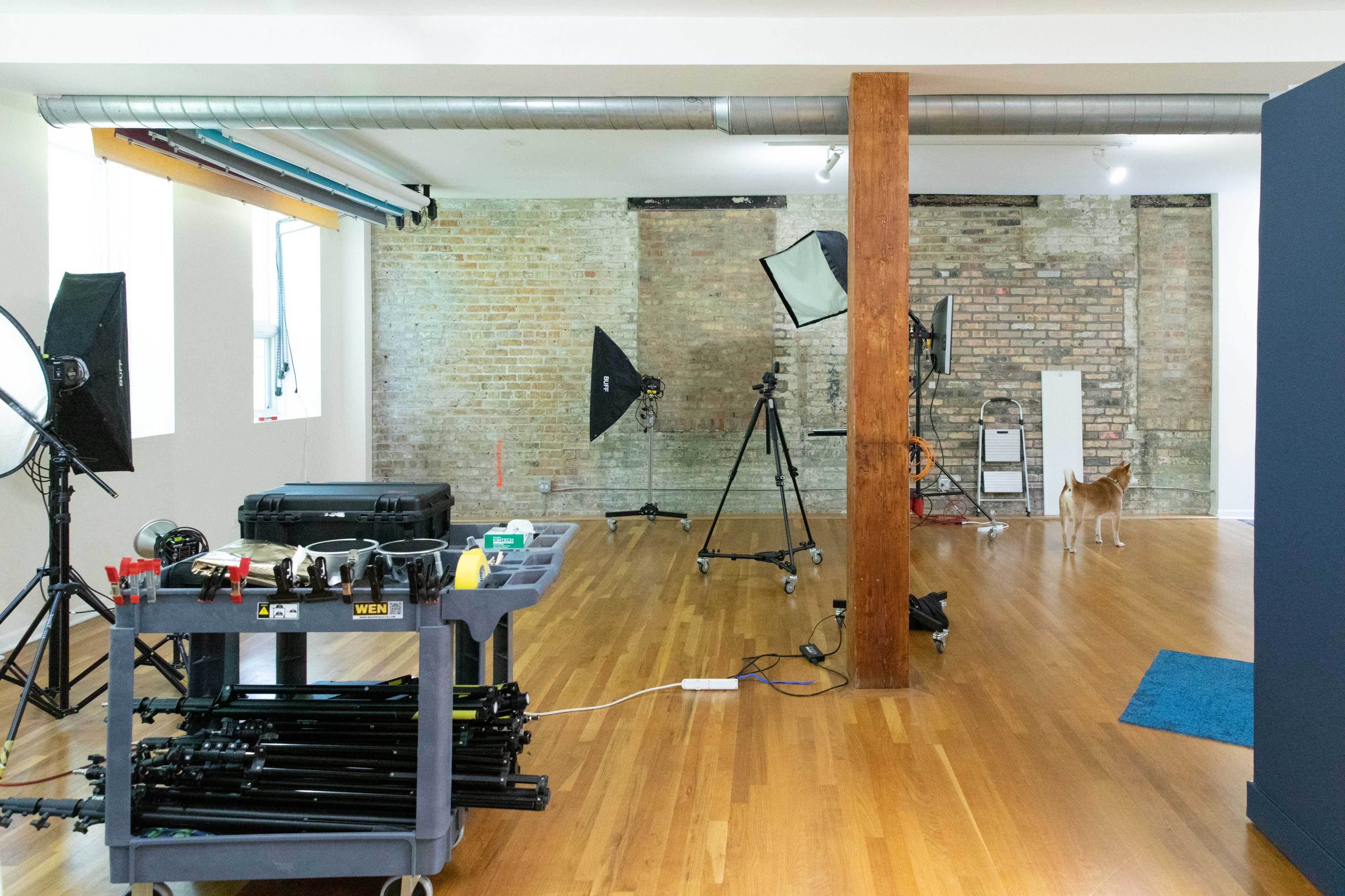 The image shows a spacious photography studio with equipment on wheels, a wooden beam, and a dog standing near the back wall.