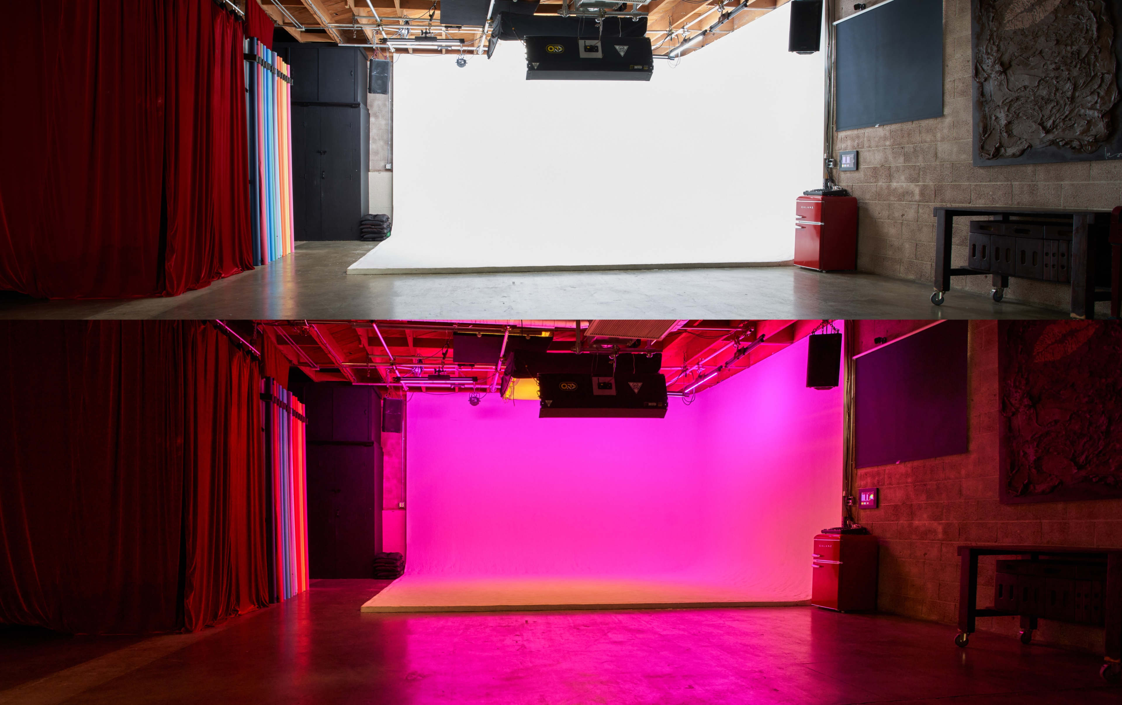 The image shows two contrasting studio setups with a blank backdrop: one with a bright white screen above and another with a vibrant pink screen below, separated by a horizontal divide.