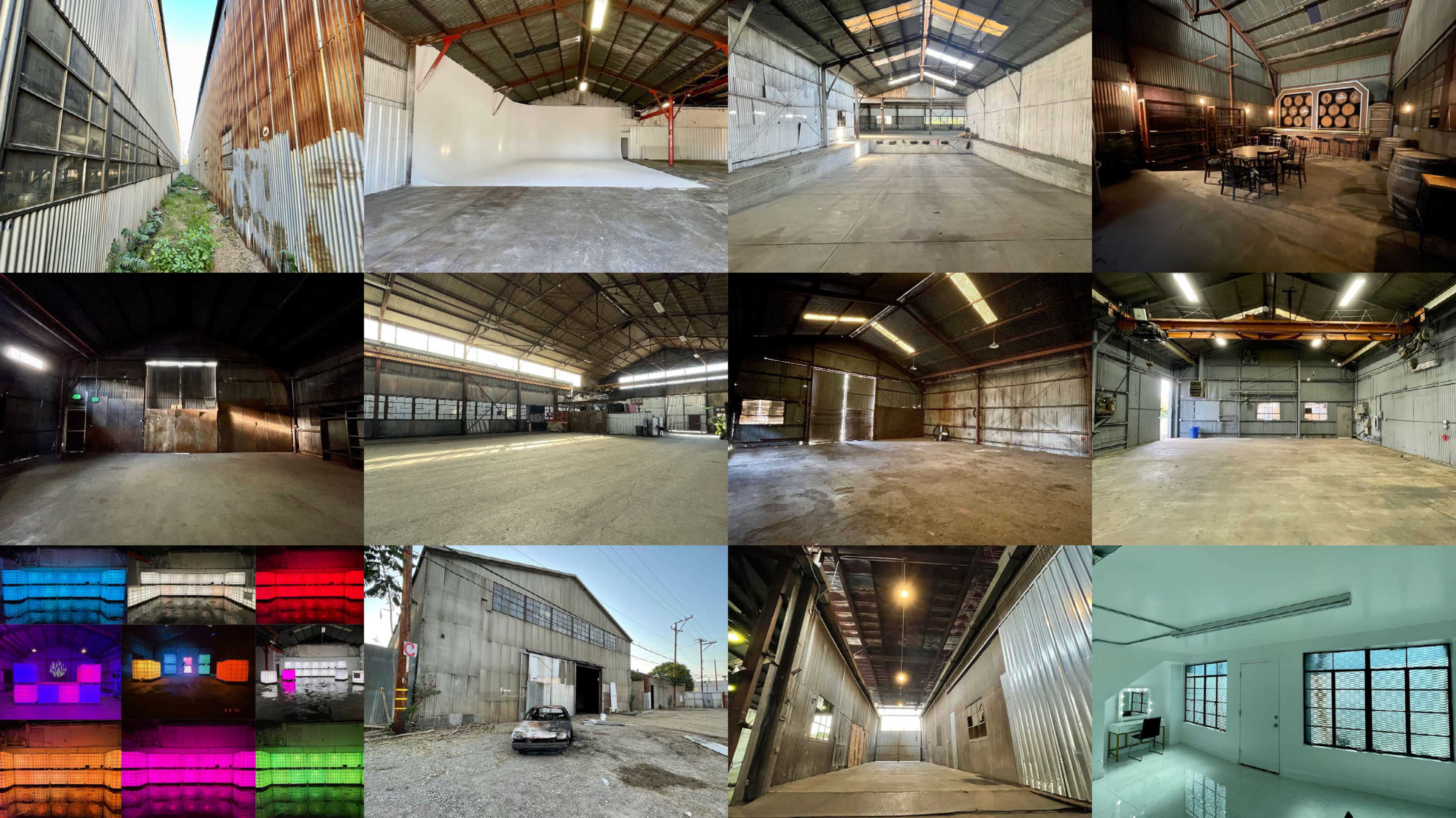A collage of various industrial interior spaces, showcasing different lighting conditions and layouts in large warehouse-like structures.