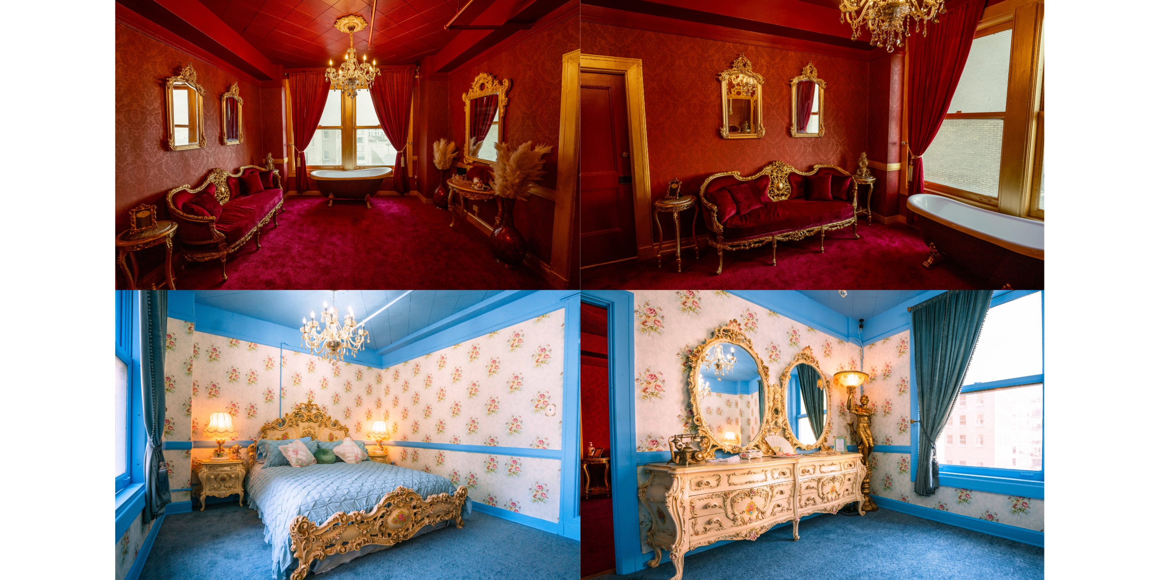 A vibrant interior with two rooms featuring ornate furnishings, luxurious decor, and contrasting color schemes of red and blue.