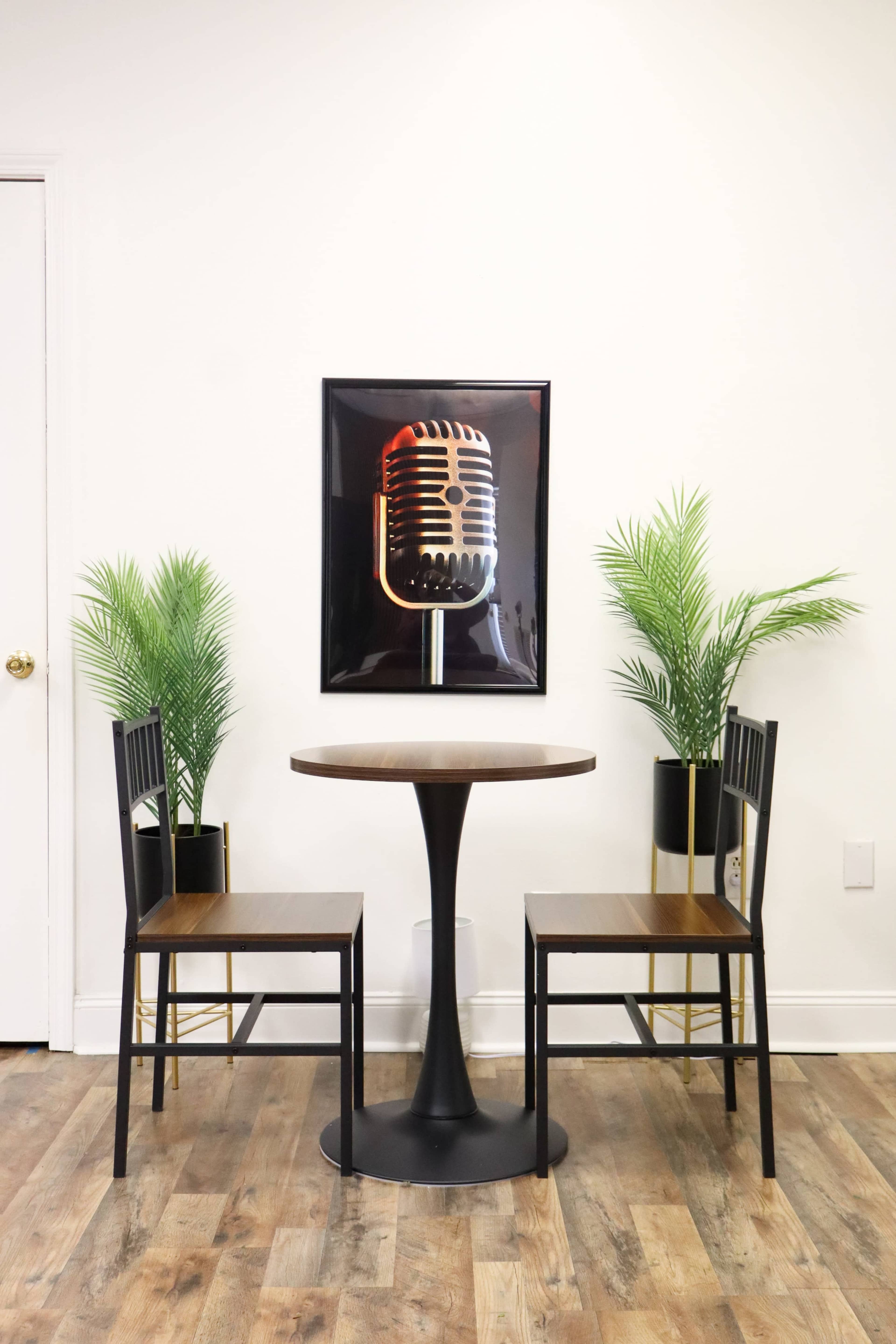 A small round table with two chairs is positioned in front of a framed picture of a vintage microphone, flanked by two potted plants.