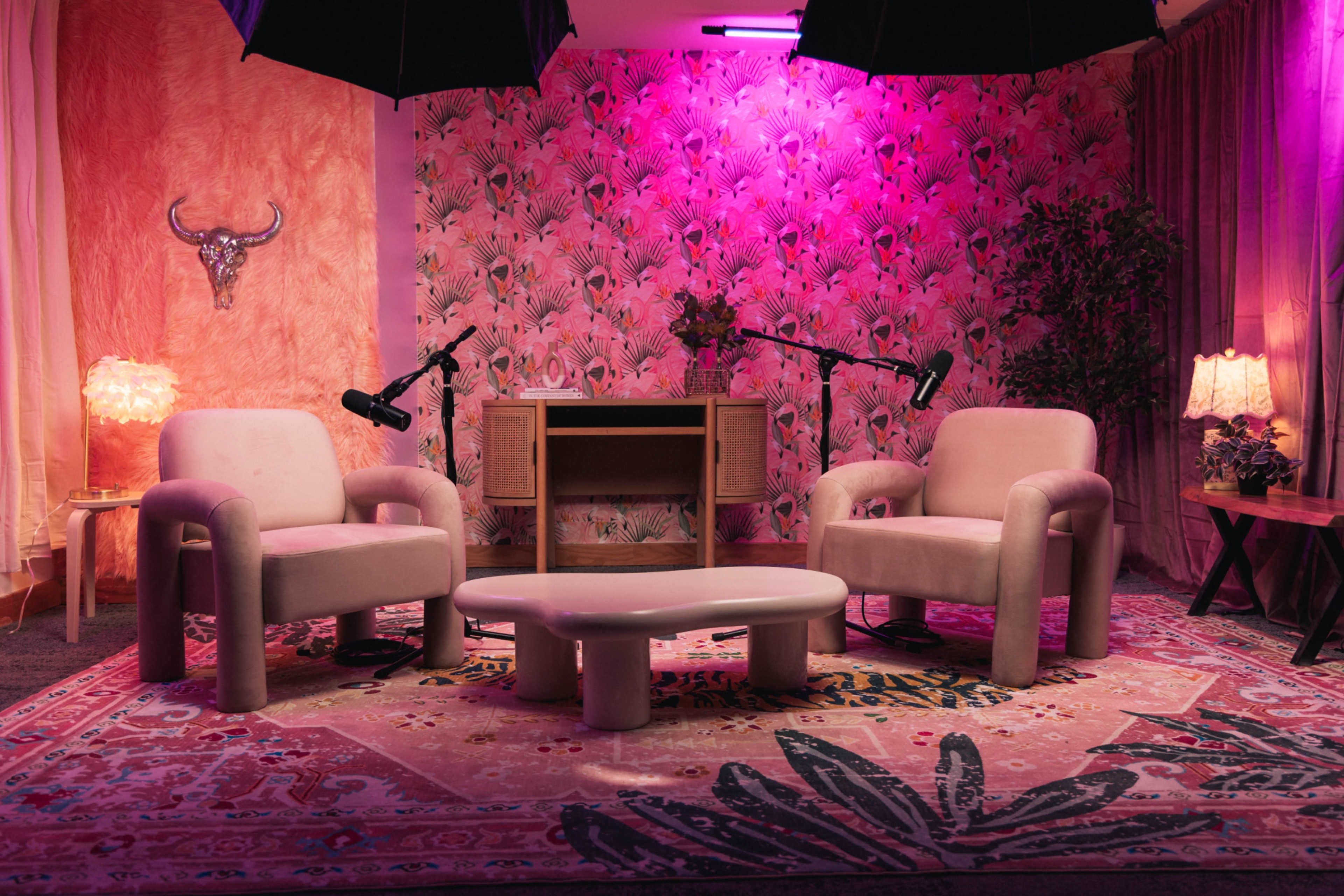 The image showcases a cozy studio set with two padded chairs, a low table, and a decorative wall featuring a floral pattern, illuminated by soft lighting and studio equipment.