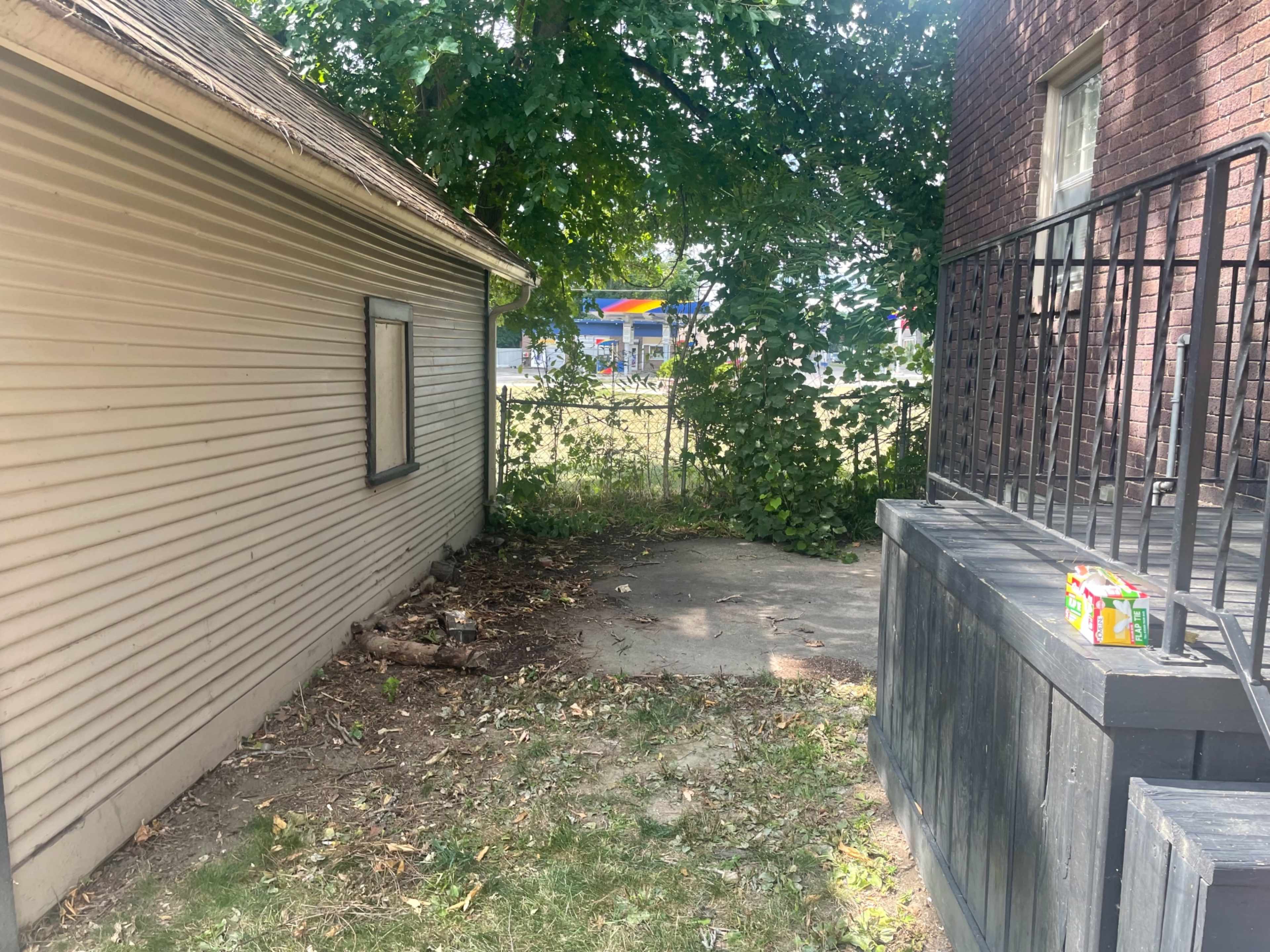 A narrow yard area between two buildings, with overgrown grass and bushes, and a visible concrete patch.