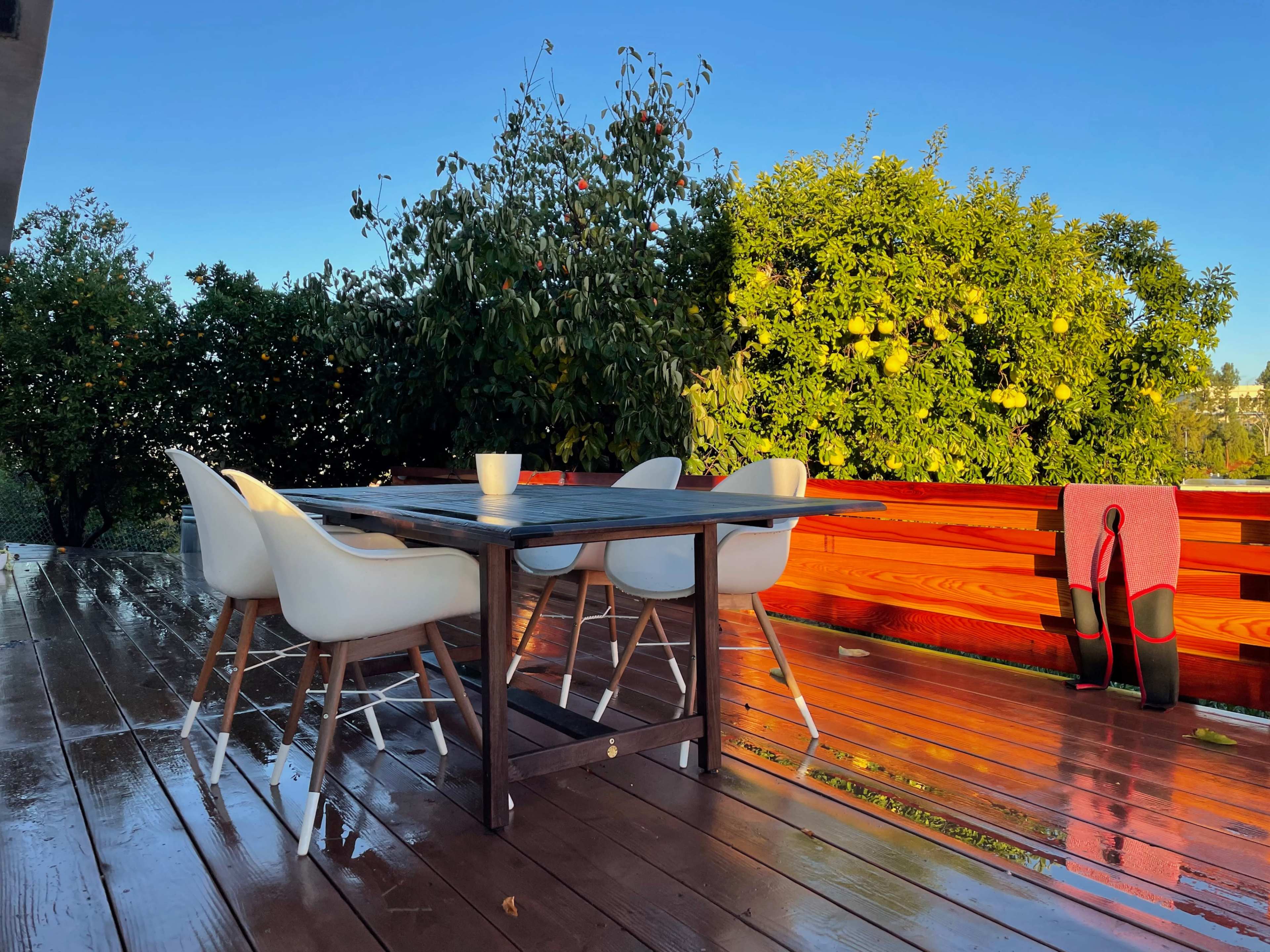 A wooden deck features a table with four white chairs and a bowl, surrounded by greenery and a clear blue sky.