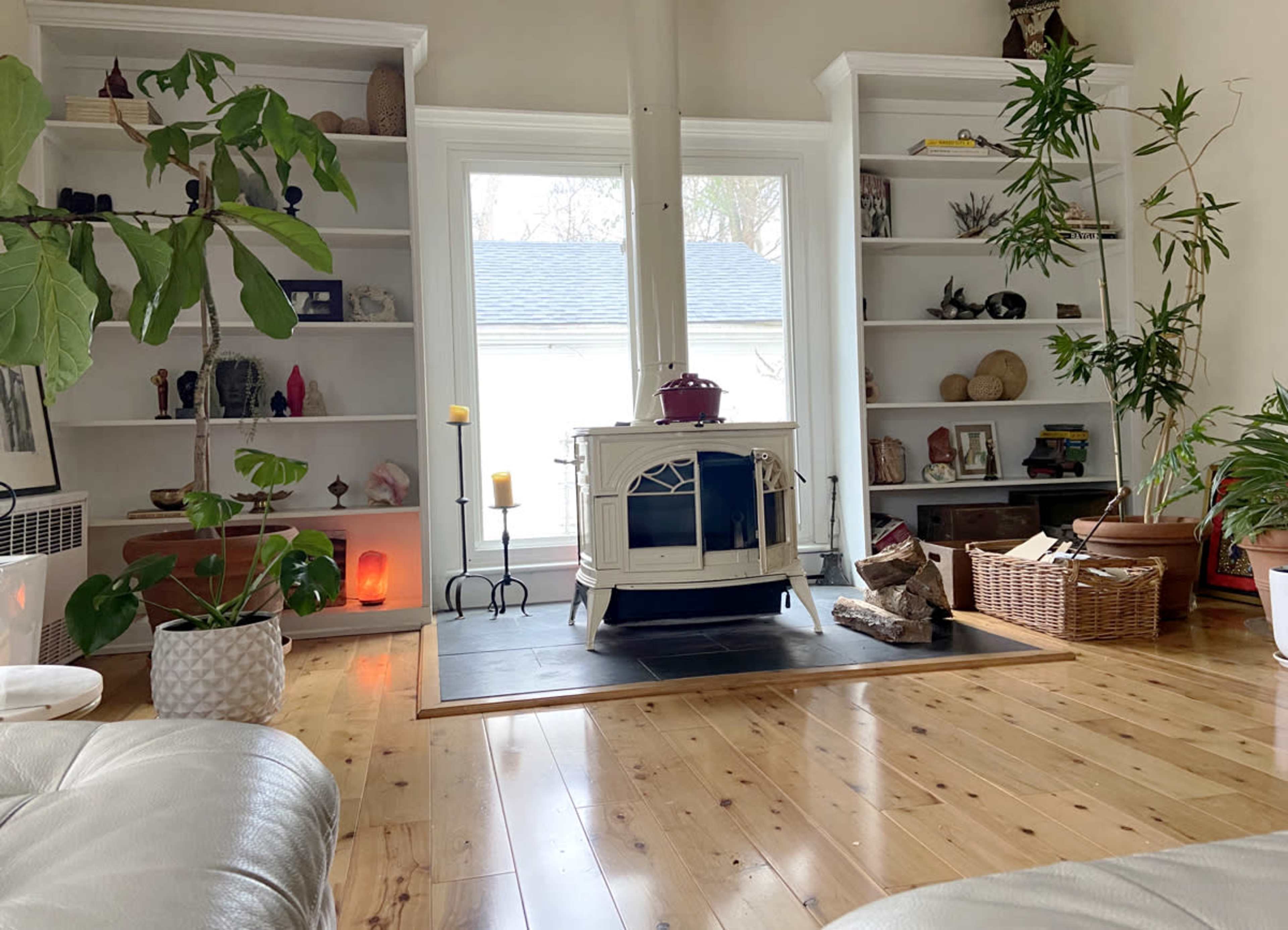 A cozy living room with a wood stove at the center, surrounded by bookshelves and plants, and large windows allowing natural light.