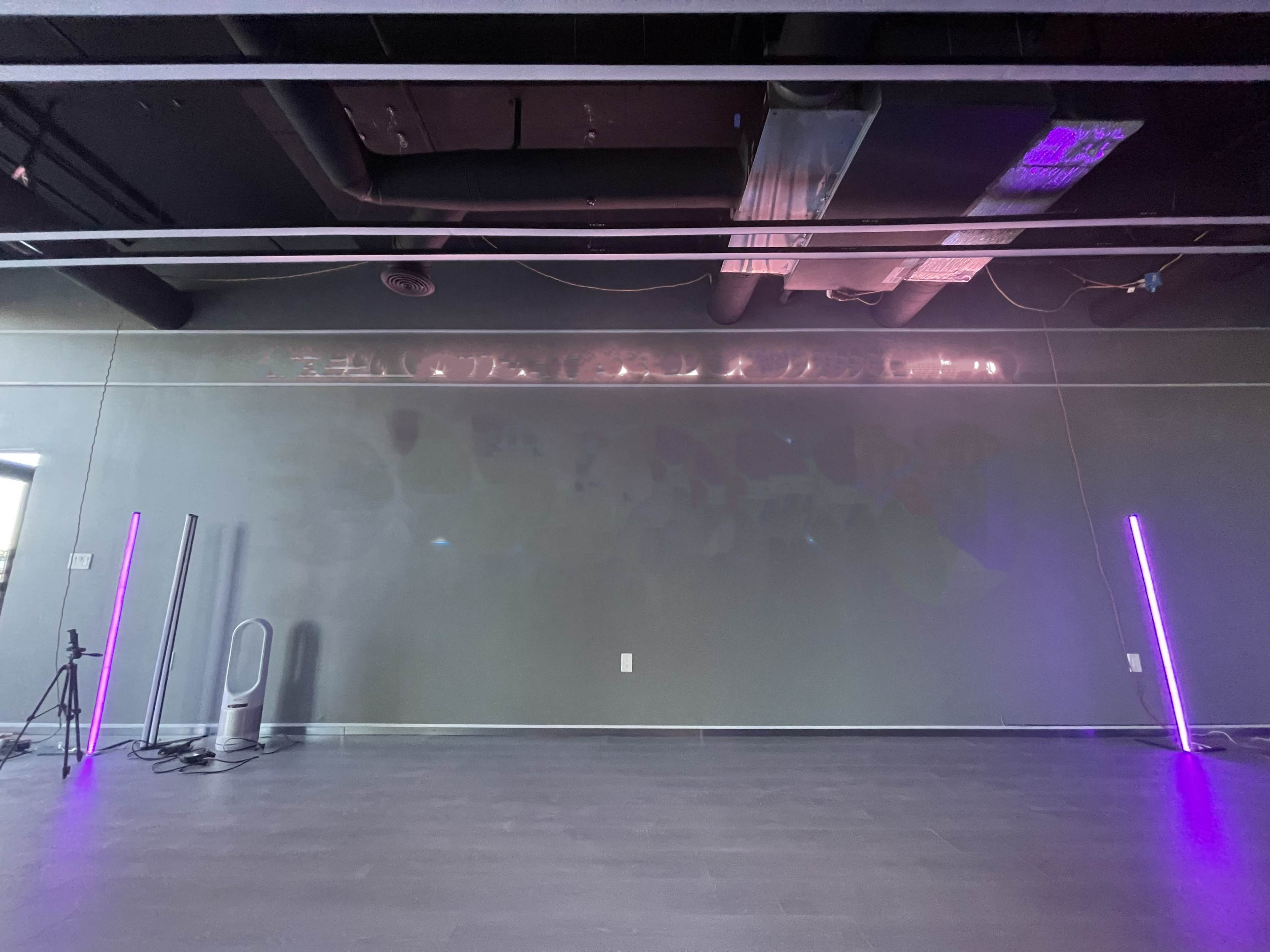 A dimly lit interior with a plain gray wall and two vertical light fixtures emitting purple light on either side.