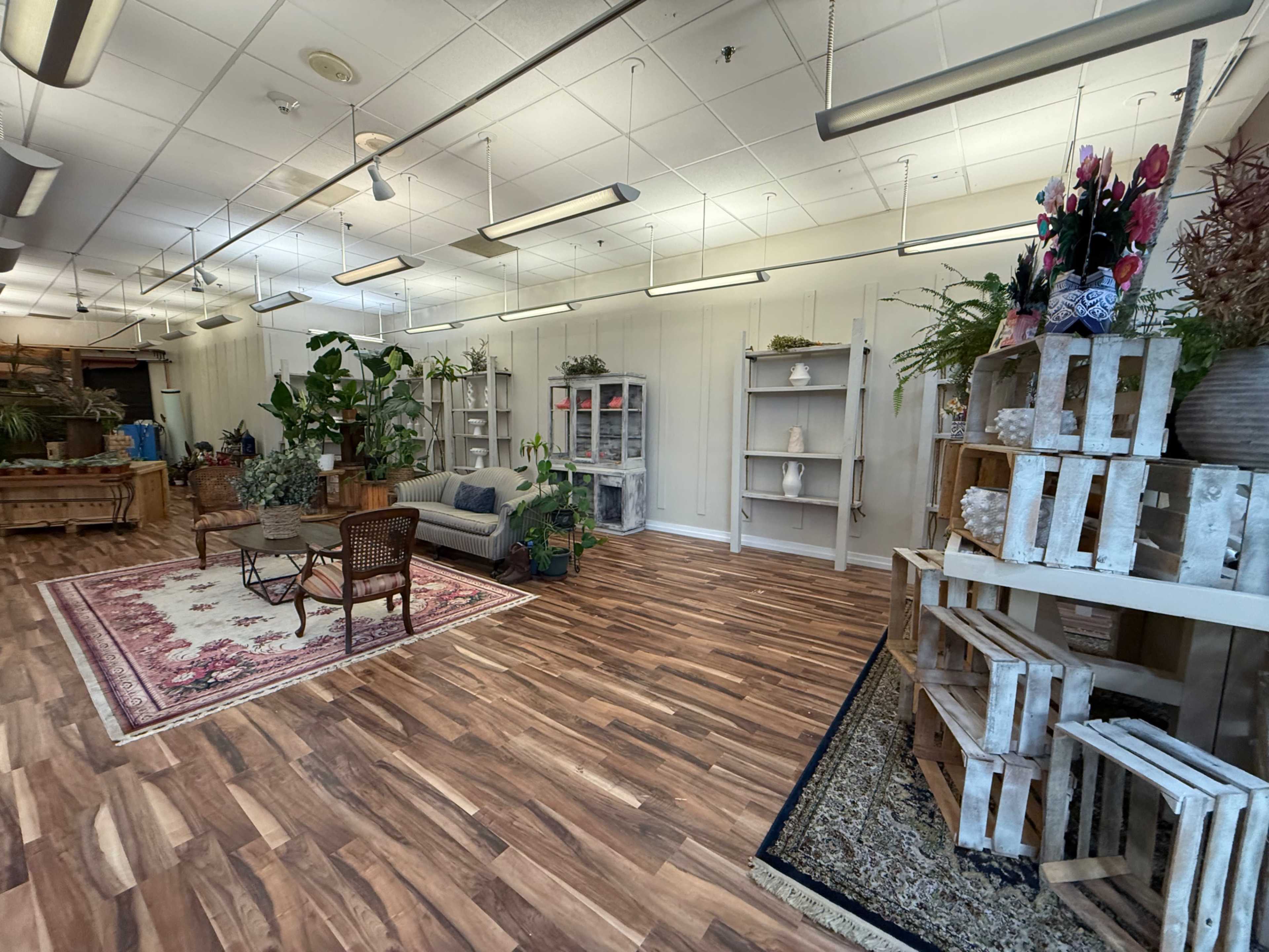 The image shows a spacious room with wooden flooring, featuring various plants, shelves, and seating arrangements.