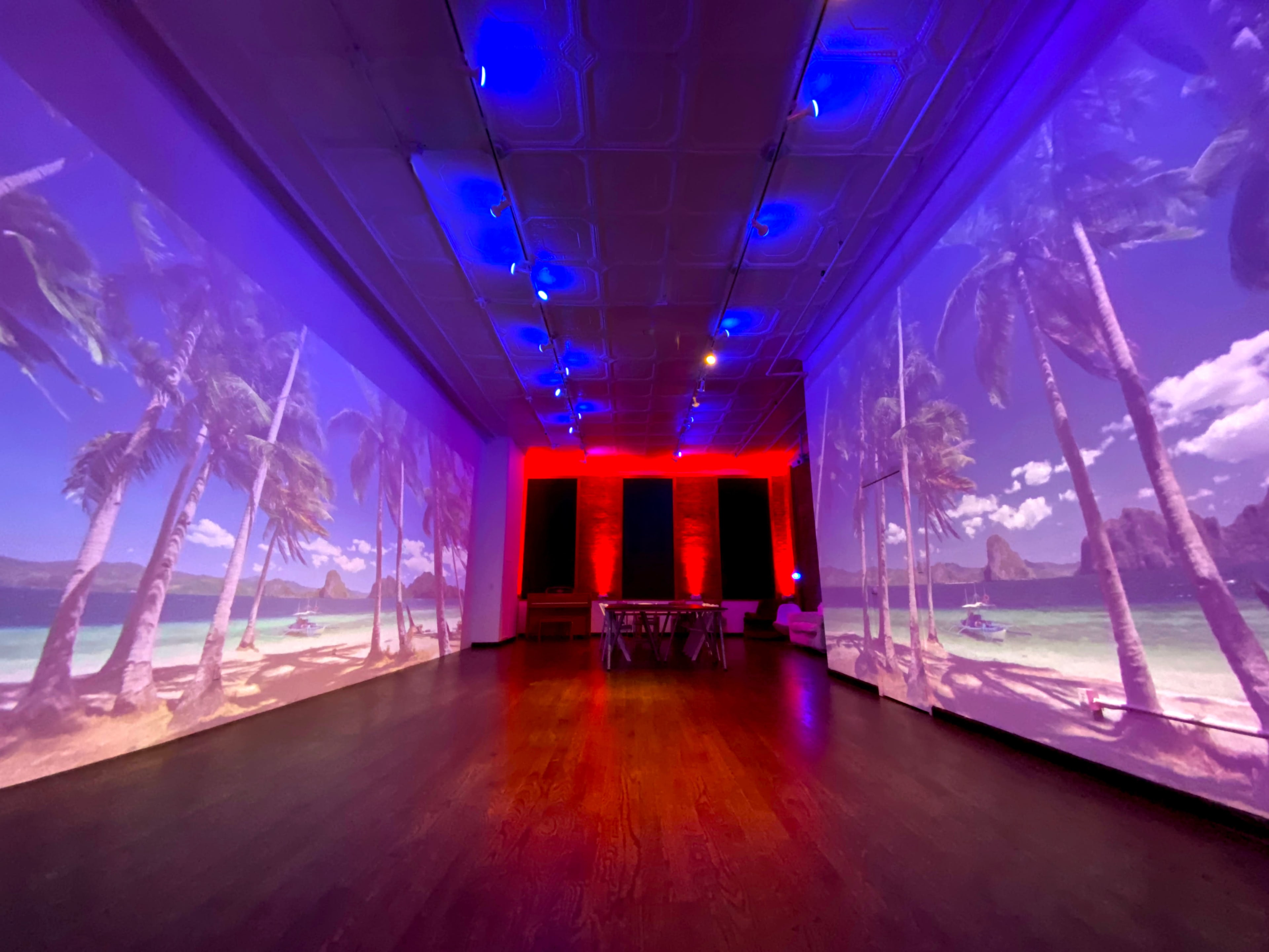 The image shows a spacious room with walls adorned by large projections of a tropical beach scene, featuring palm trees and a calm sea, under ambient lighting.