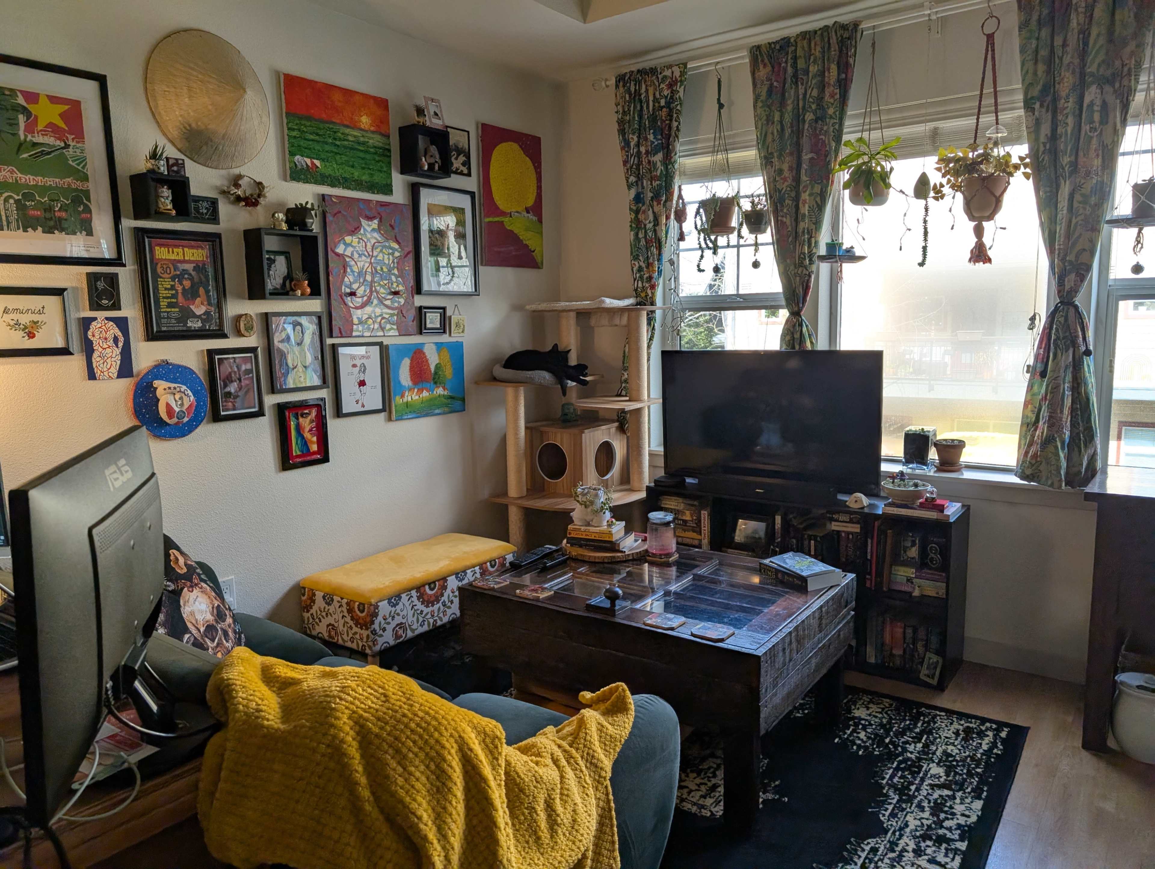 The image shows a cozy living room filled with colorful wall art, a television, and a mix of furniture including a couch, a coffee table, and a cat tree near a window.