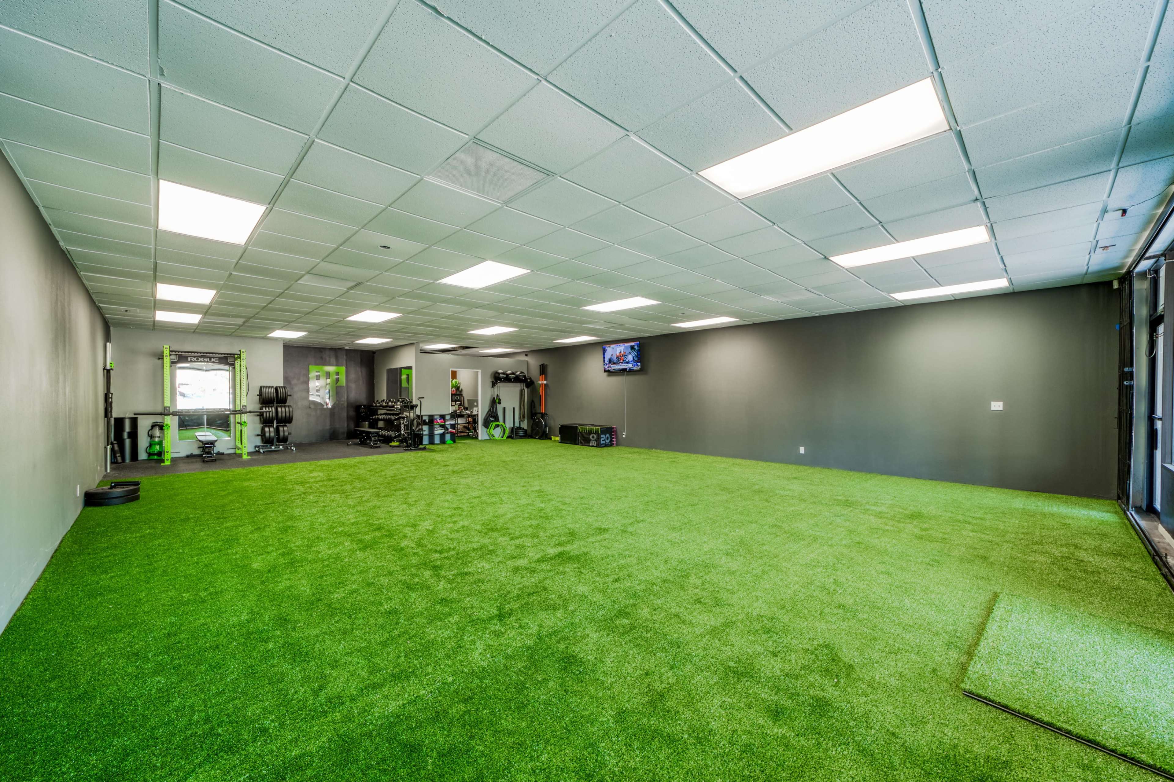 A spacious gym with artificial turf flooring, equipped with various exercise equipment and large windows.