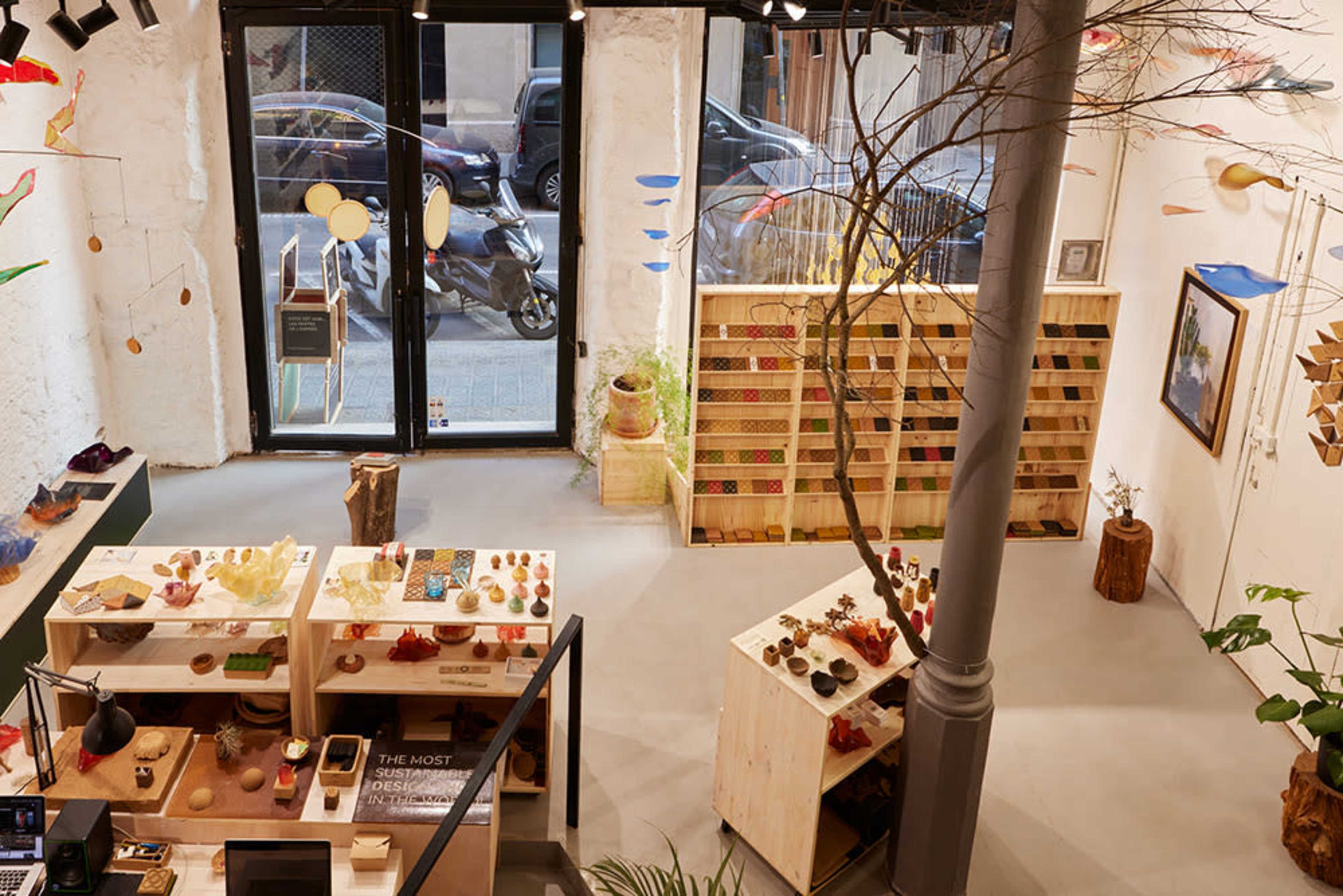 The image shows an interior view of a shop featuring wooden displays filled with various colorful items, a large tree, and large windows overlooking a street.
