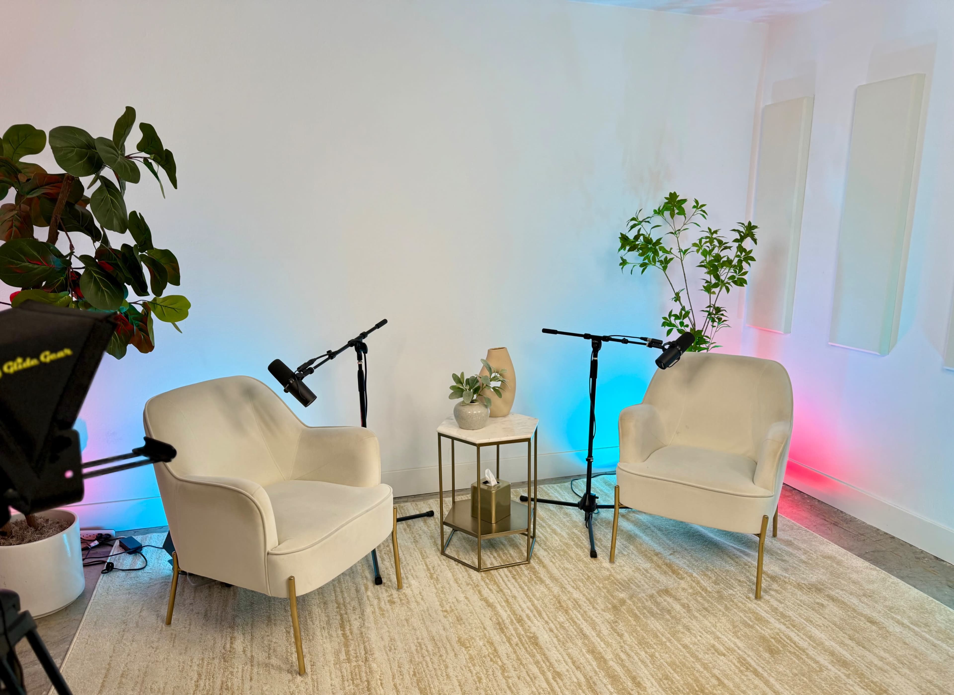 The image shows a minimalistic interview or discussion setup with two white armchairs, a small table, and two microphones on stands, surrounded by green plants and softly lit walls.