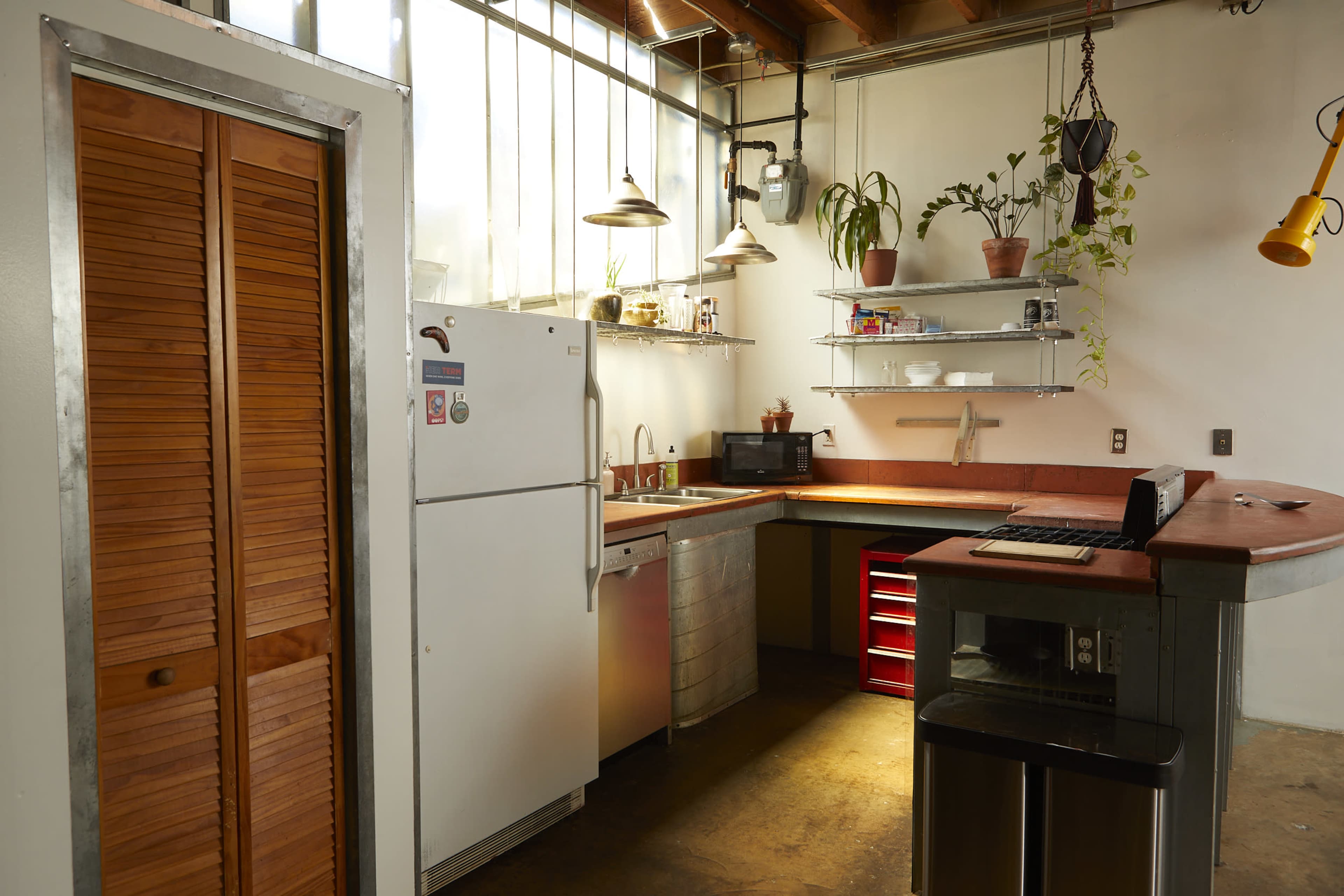 The image shows a modern kitchen with a curved countertop, stainless steel appliances, and wooden cabinet doors, complete with various plants on shelves.
