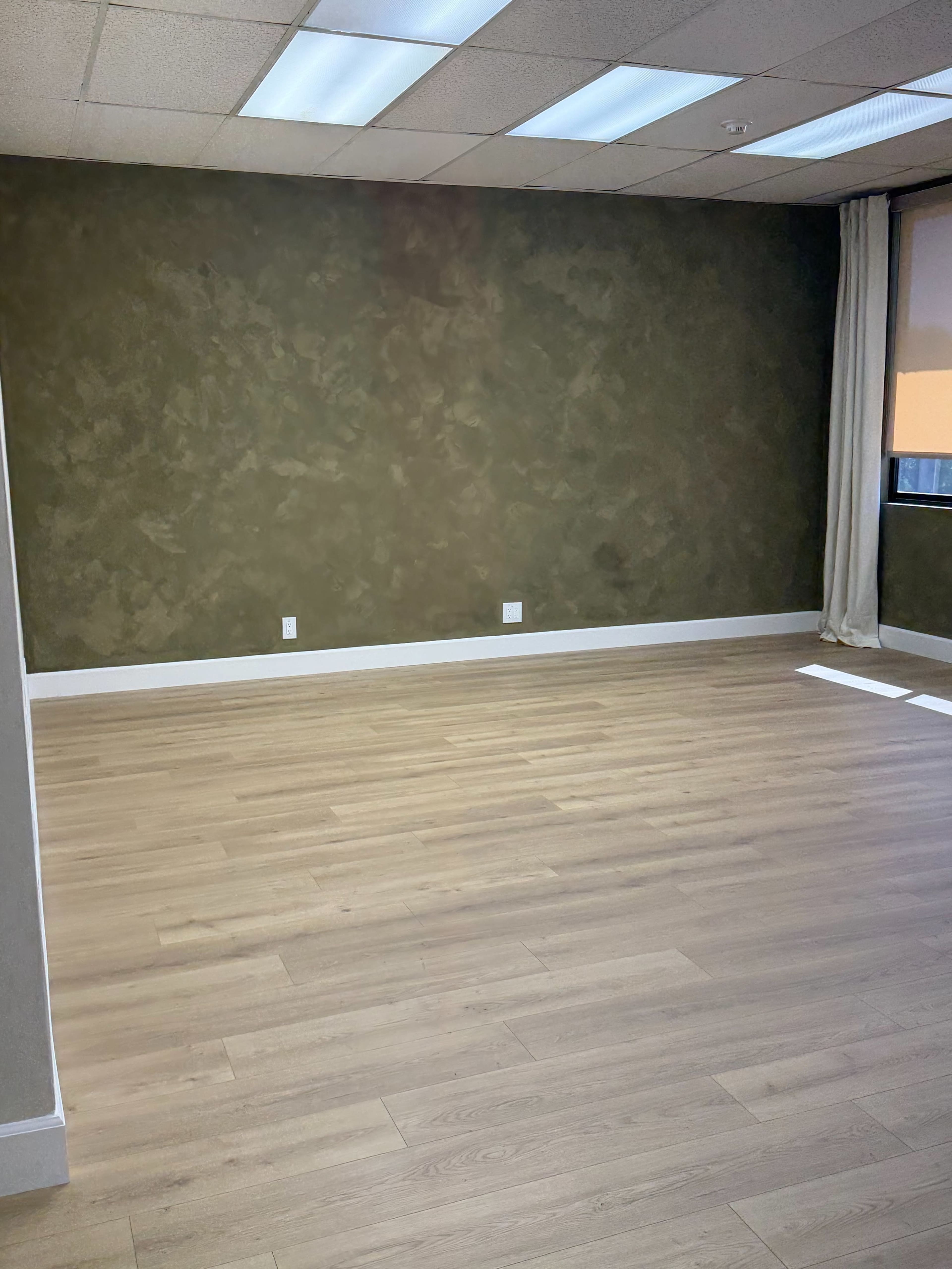 The image shows an empty room with wooden flooring and a textured green wall.