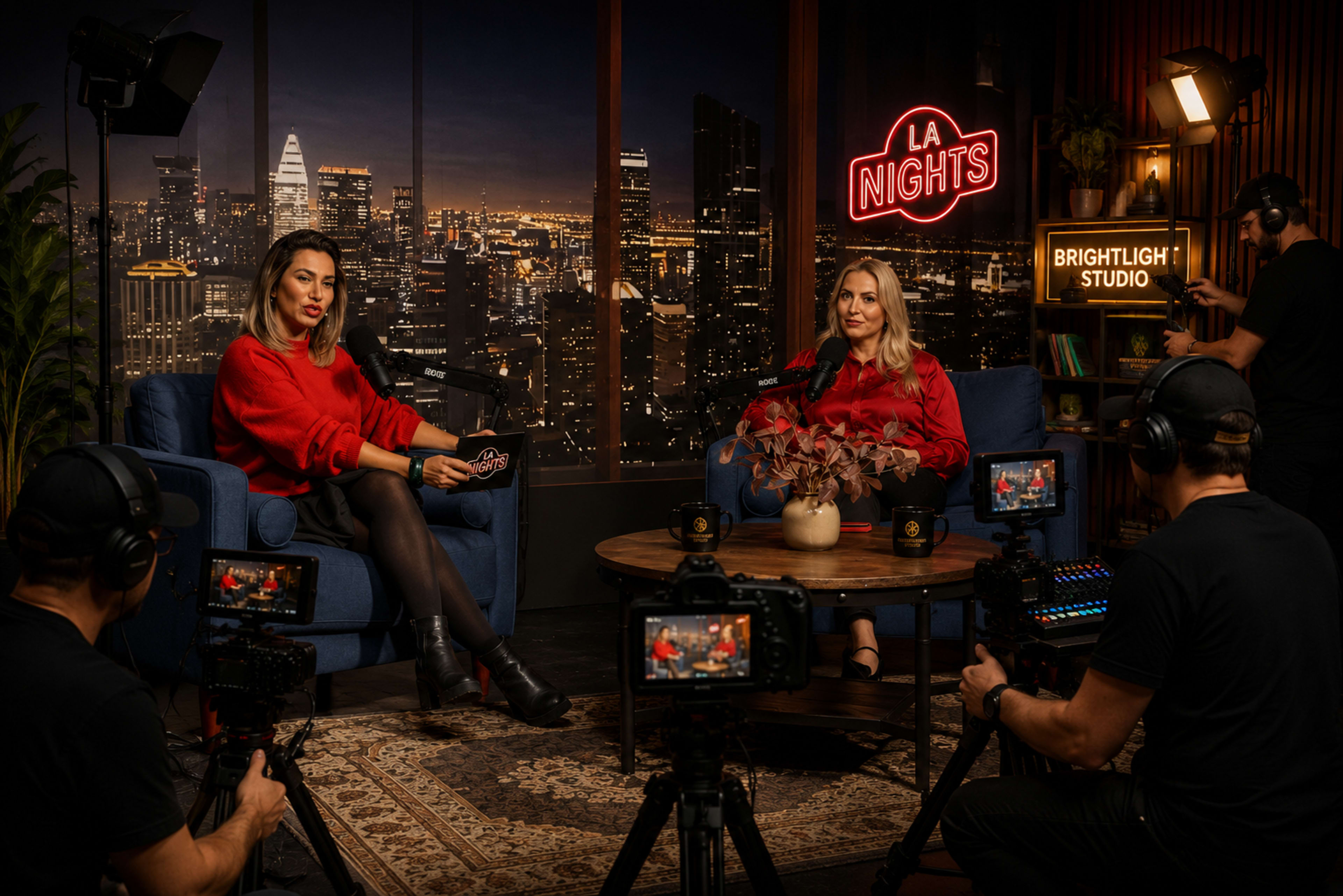 Two women are seated on blue chairs in a studio with a city skyline backdrop, while a crew operates cameras around them.