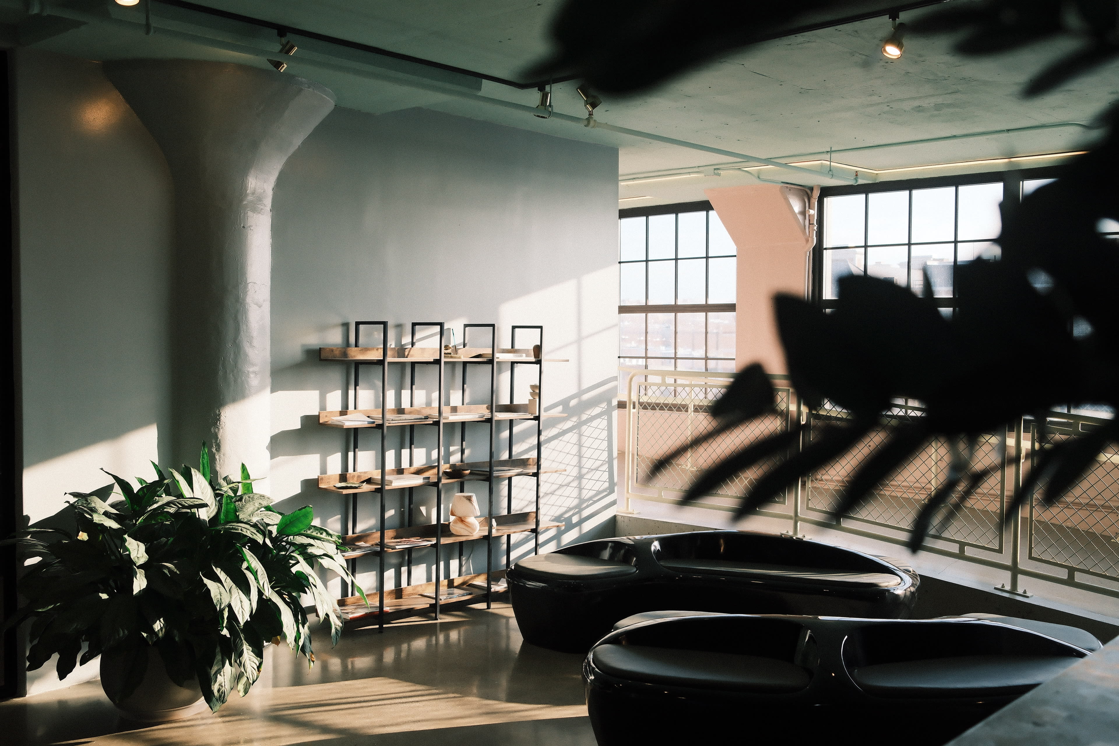 The image shows a modern interior space with large windows, a shelf displaying shoes, and two dark seating areas surrounded by plants.