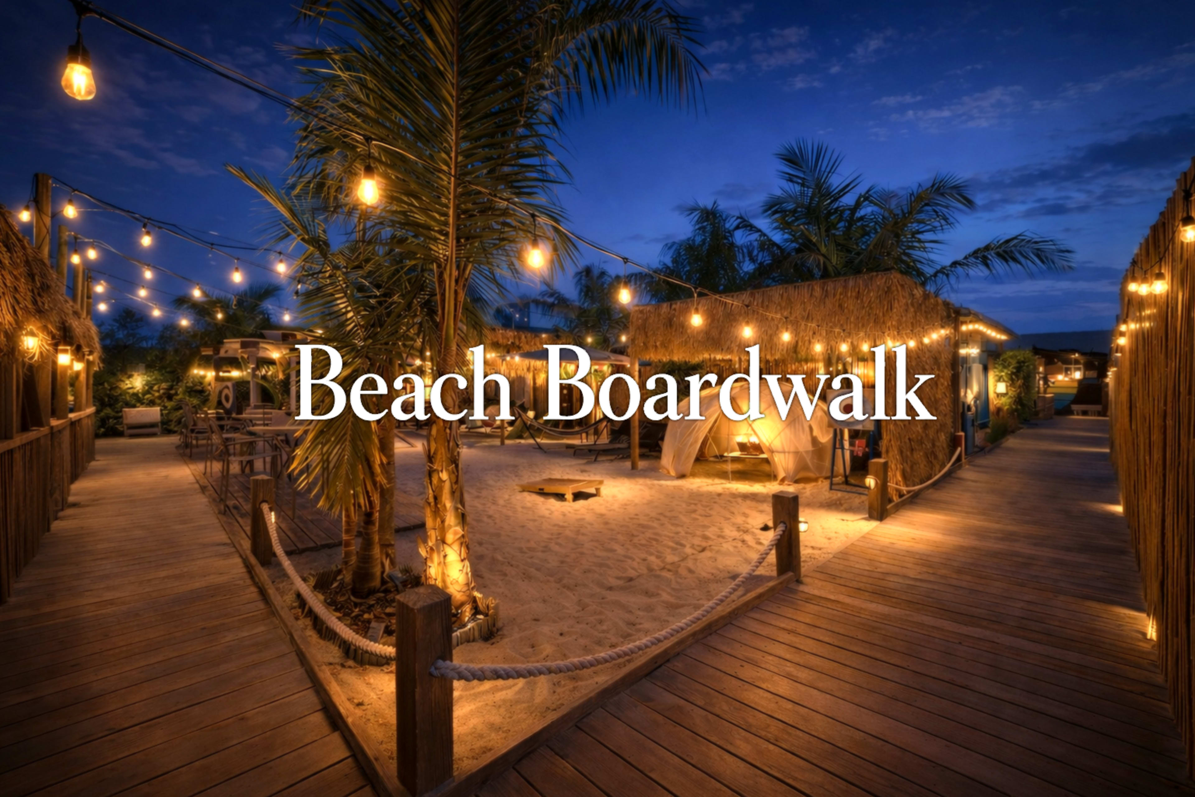 The image depicts a beach boardwalk illuminated by string lights, leading through palm trees and sandy areas at twilight.
