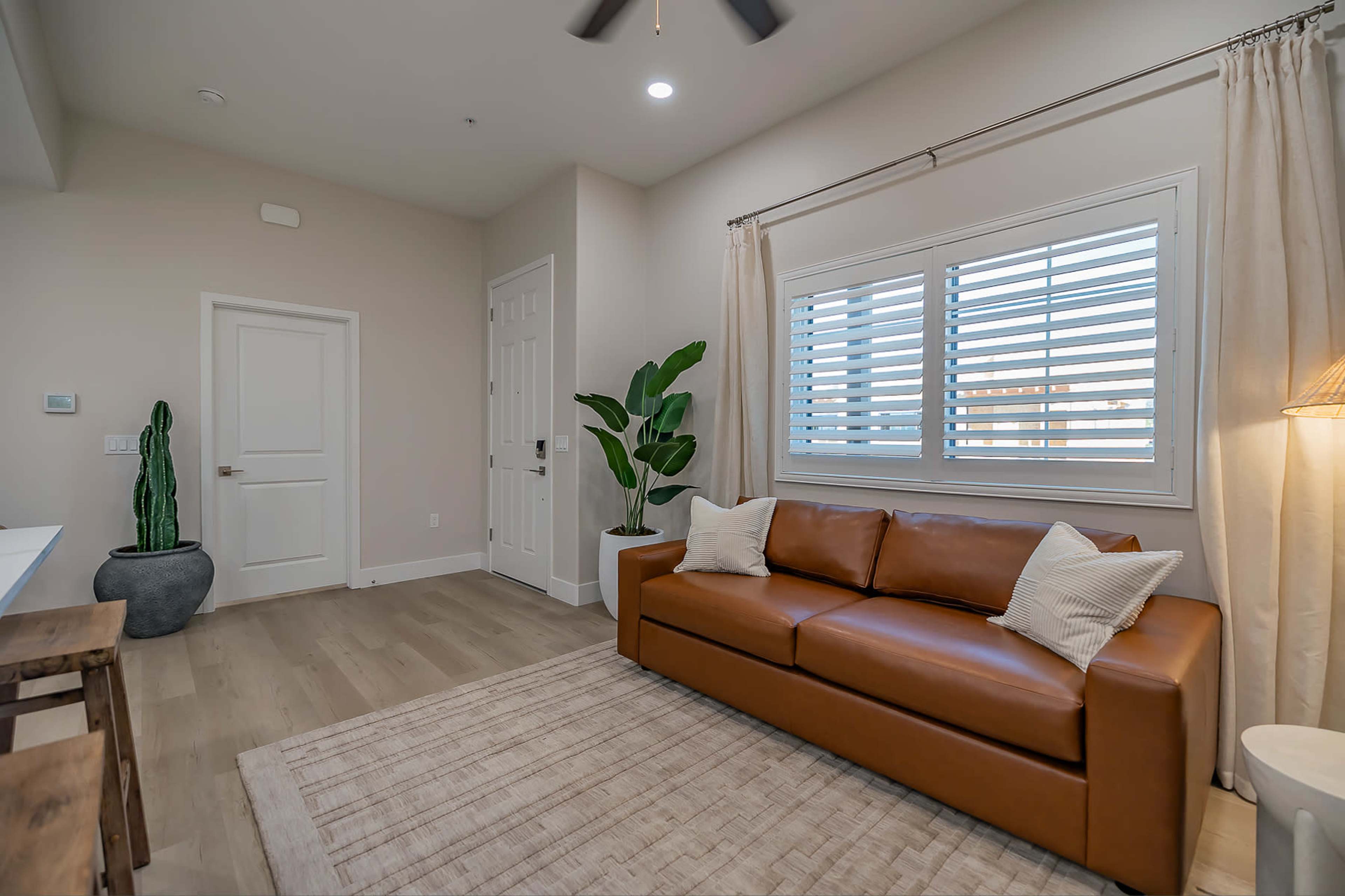 The scene features a modern living room with a brown leather sofa, a large rug, a tall potted plant, and a window with white shutters.