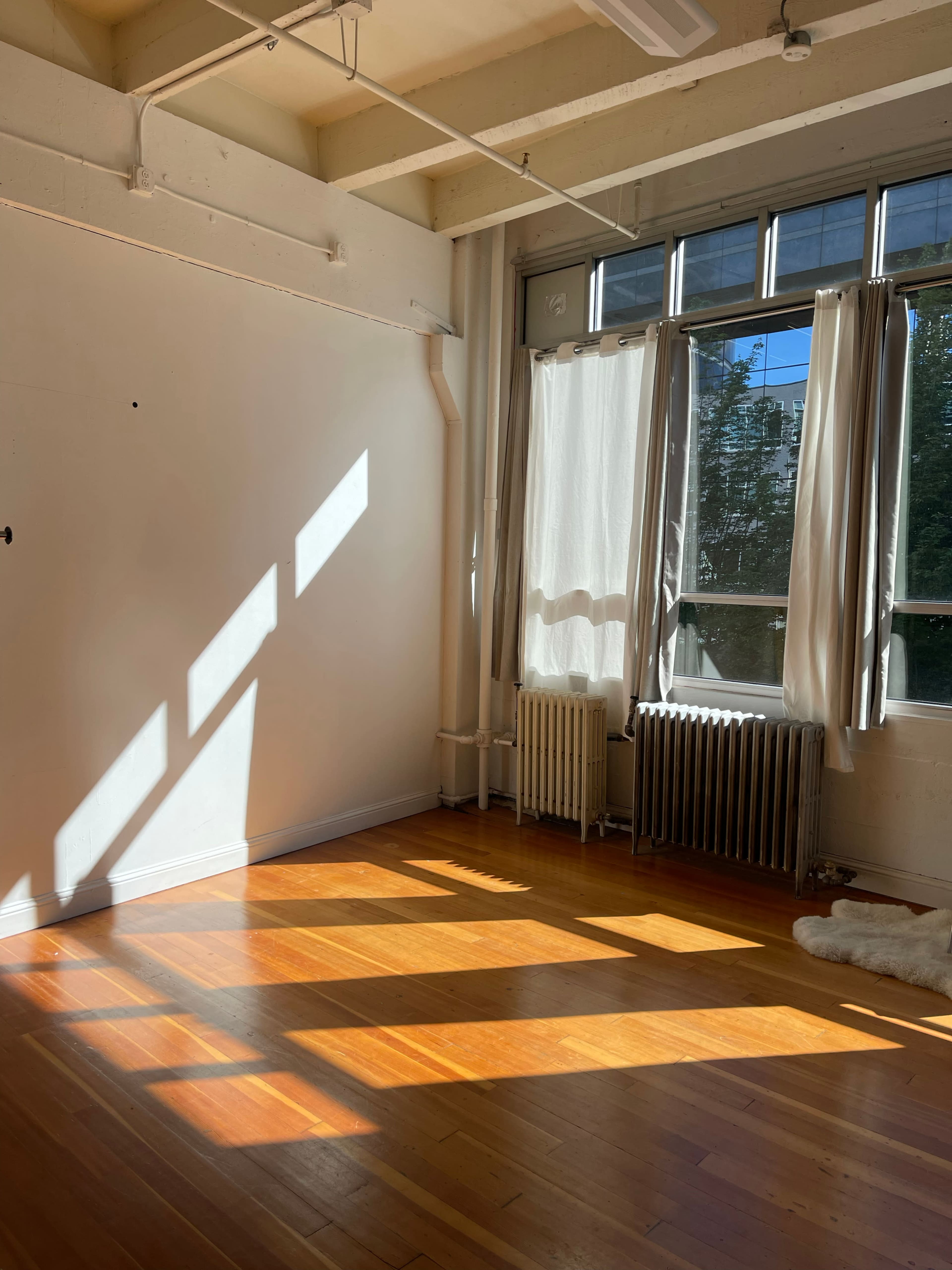 A sunlit room with wooden floors, a white wall, and large windows covered by white curtains, casting shadows on the floor.