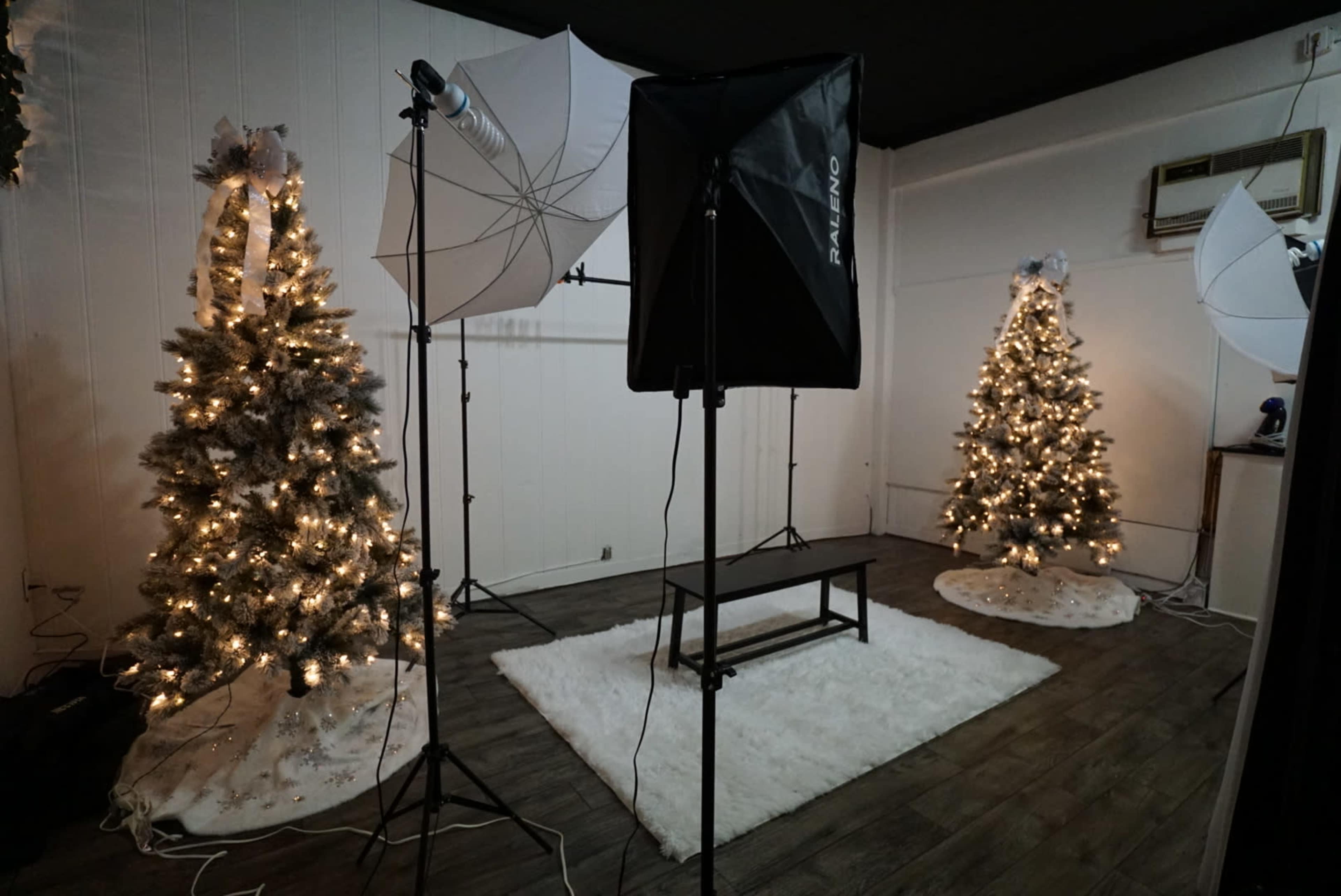 A photography studio featuring two lit Christmas trees on either side of a white faux fur rug, with lighting equipment arranged in the center.