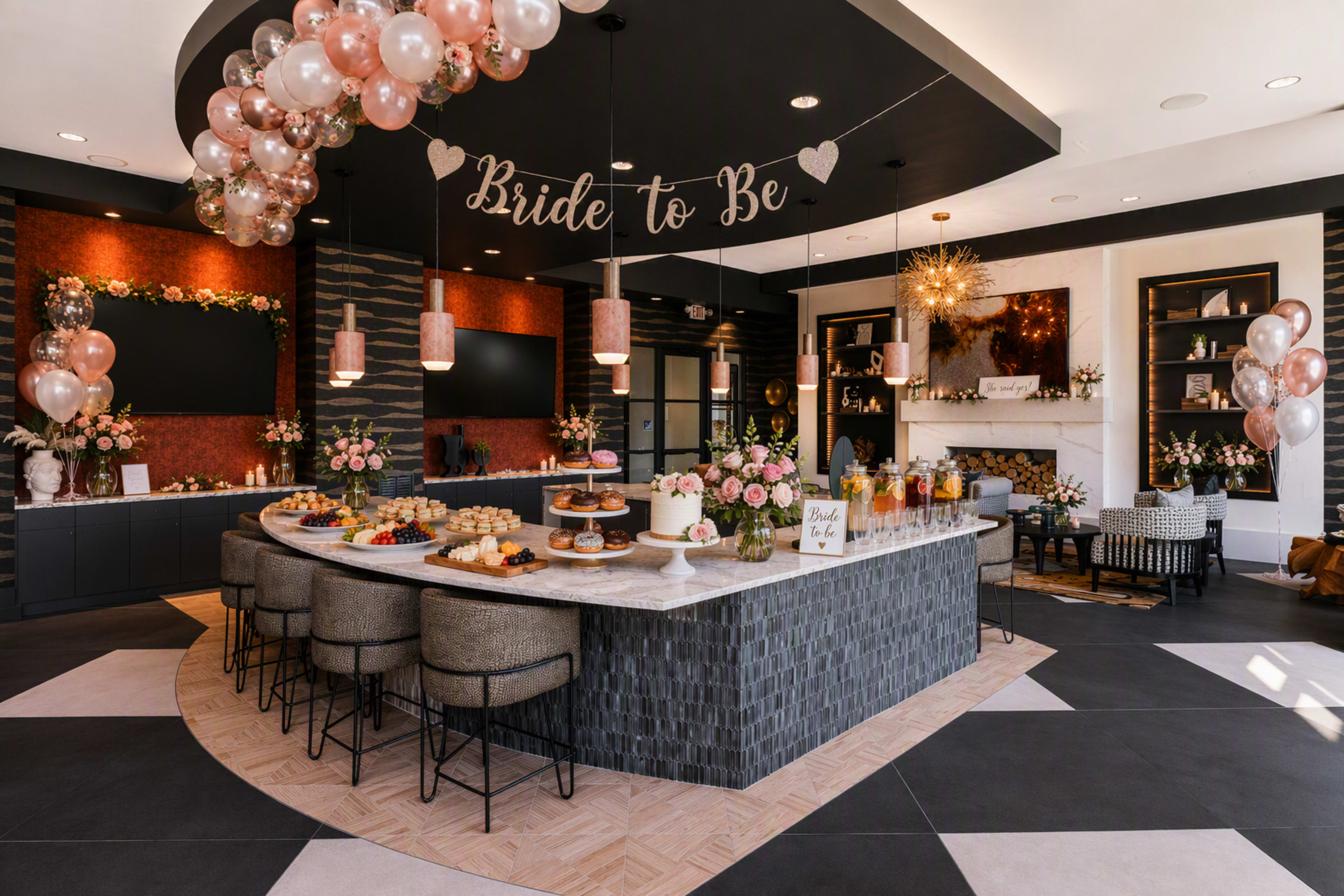 The image shows a beautifully decorated event space with a large marble island, floral arrangements, and balloons for a celebration themed "Bride to Be."