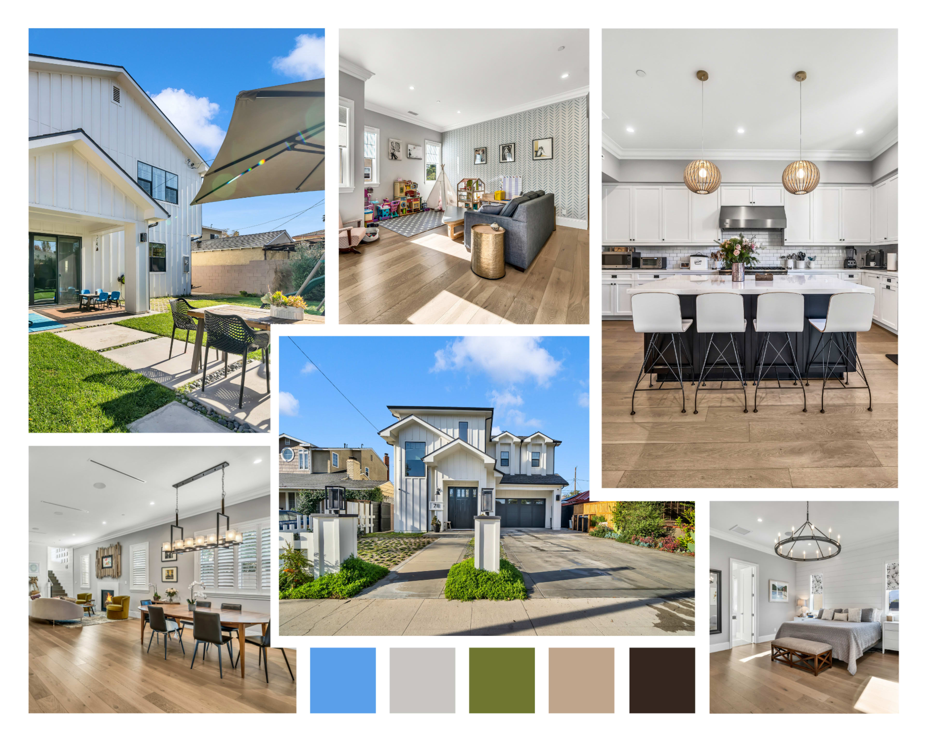 Various interior and exterior designs of modern homes, featuring a combination of living spaces, kitchens, and outdoor areas.