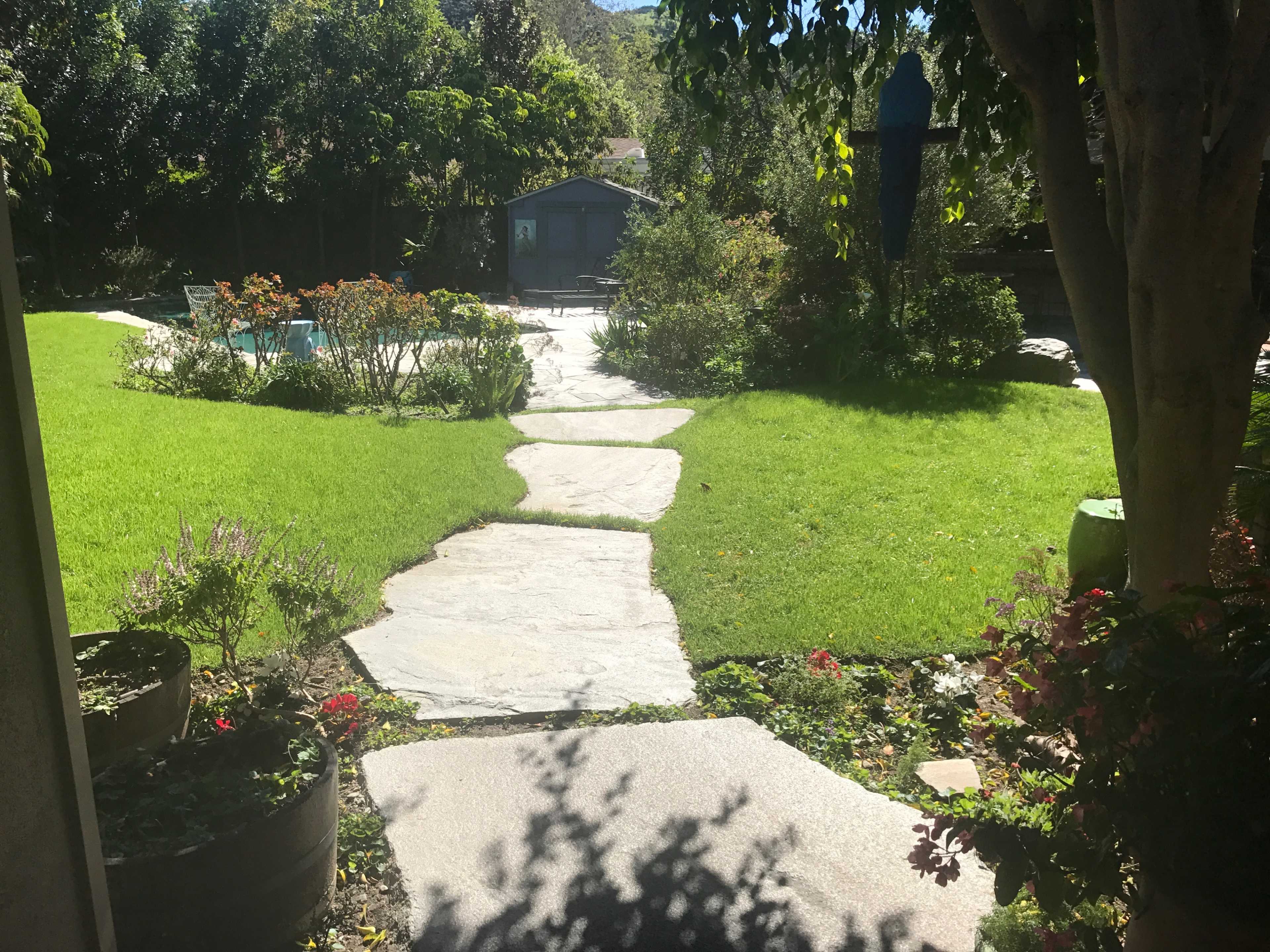 A stone pathway leads through a green lawn and landscaped garden toward a blue shed in the background.