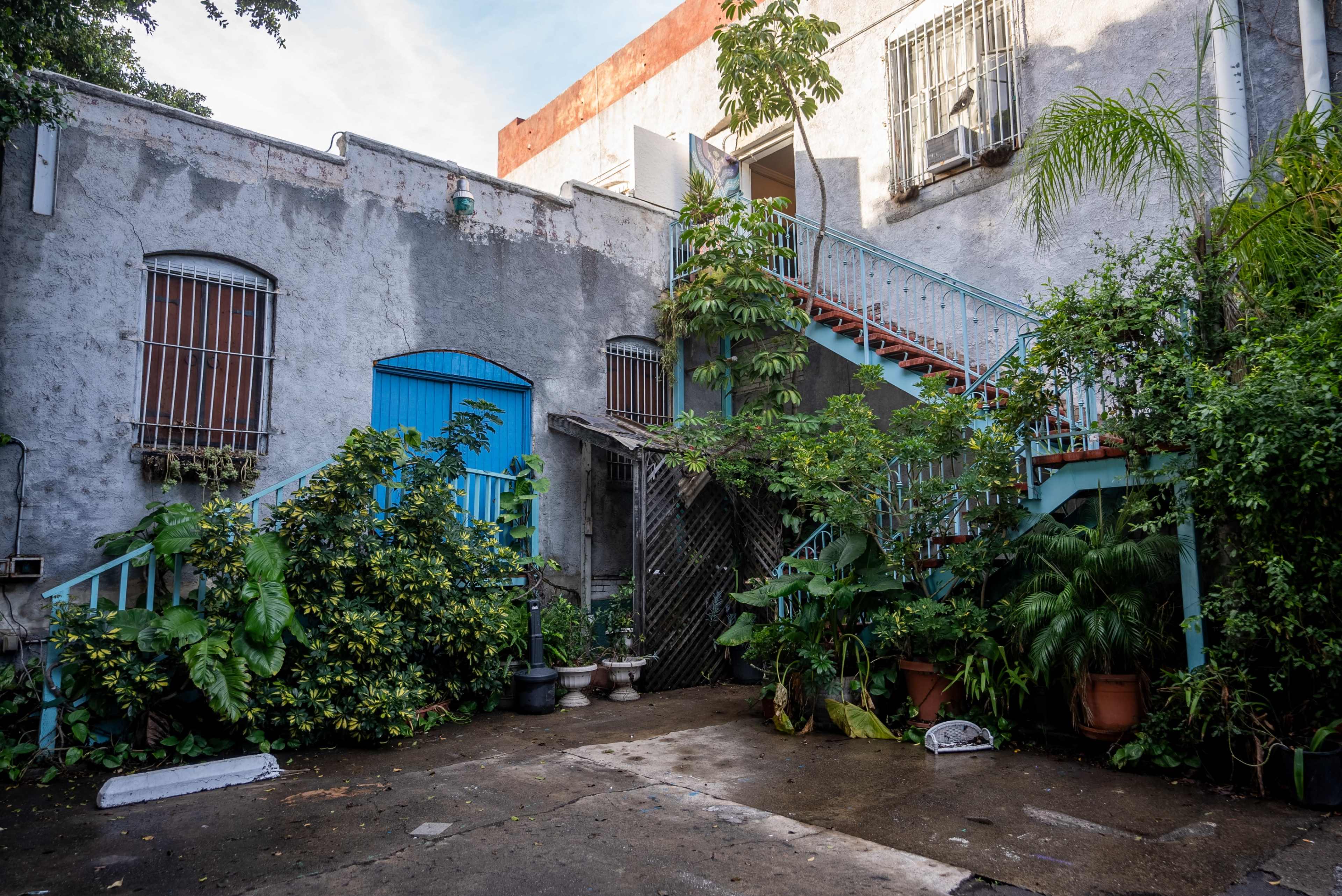 A small courtyard surrounded by grey walls, featuring a blue door, a staircase, and various plants in pots.