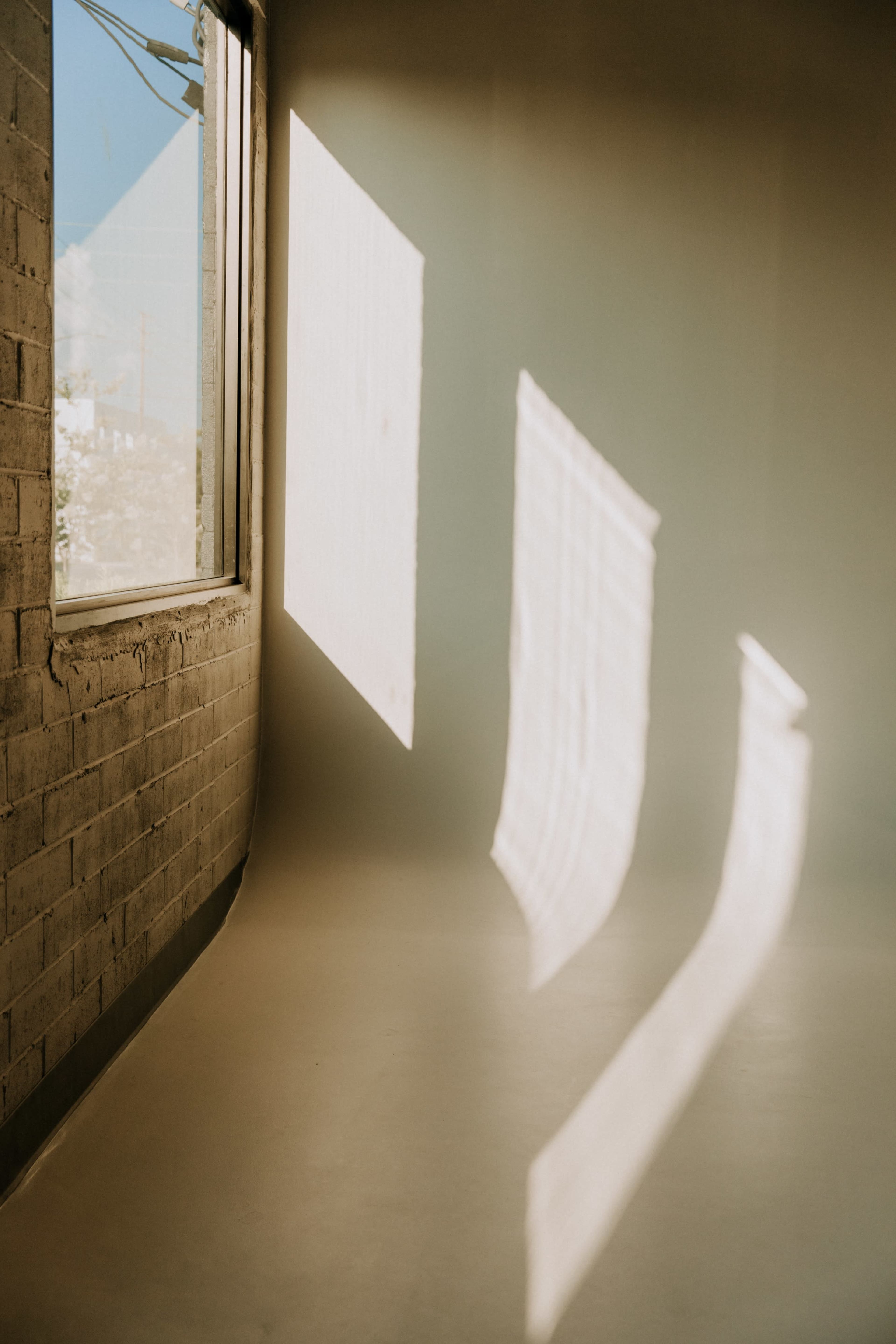 The image shows a corner of a room with sunlight casting rectangular shadows on a light-colored surface.