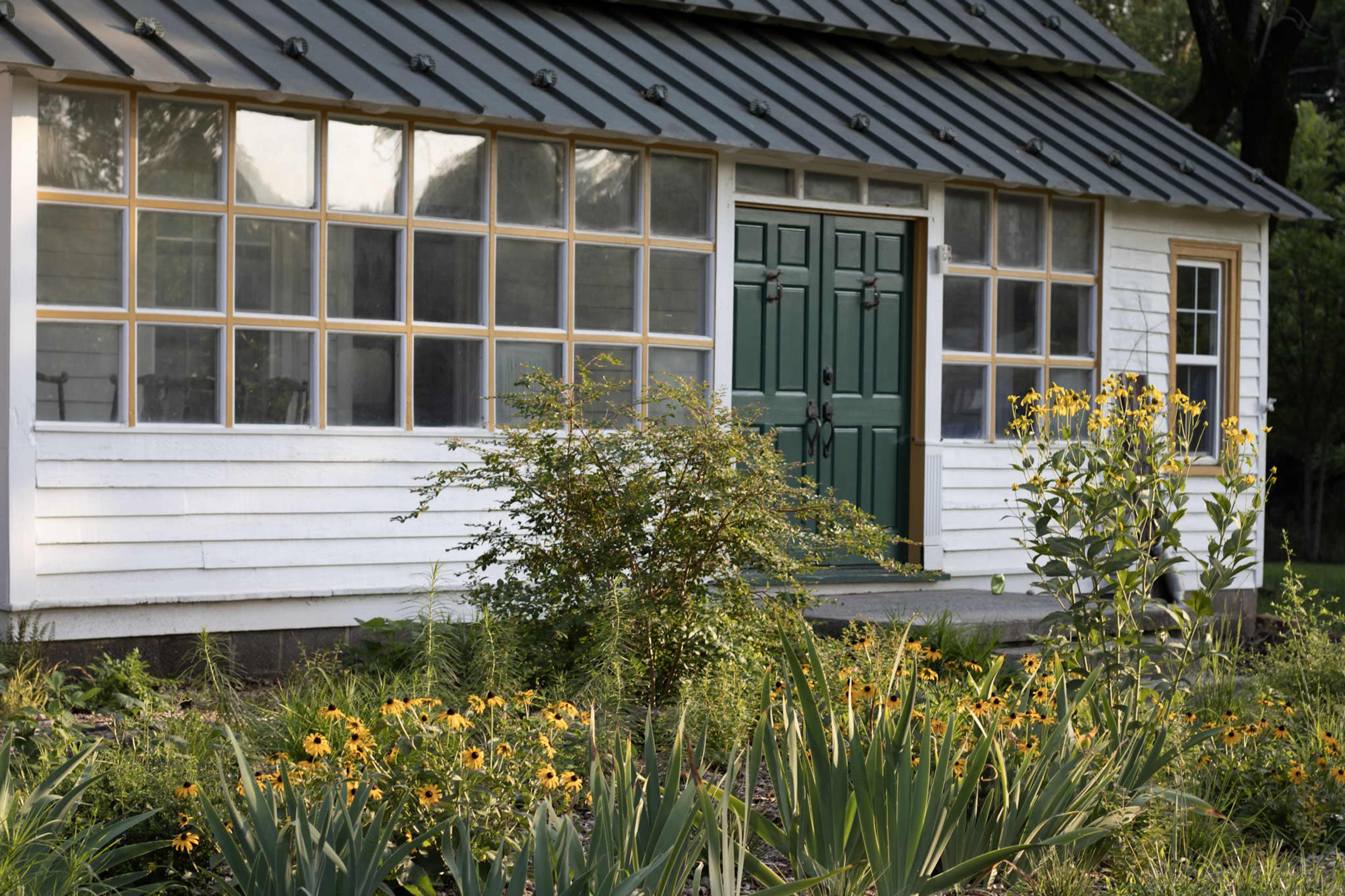 The image shows a white house with a green door and large windows surrounded by a garden of yellow flowers and greenery.