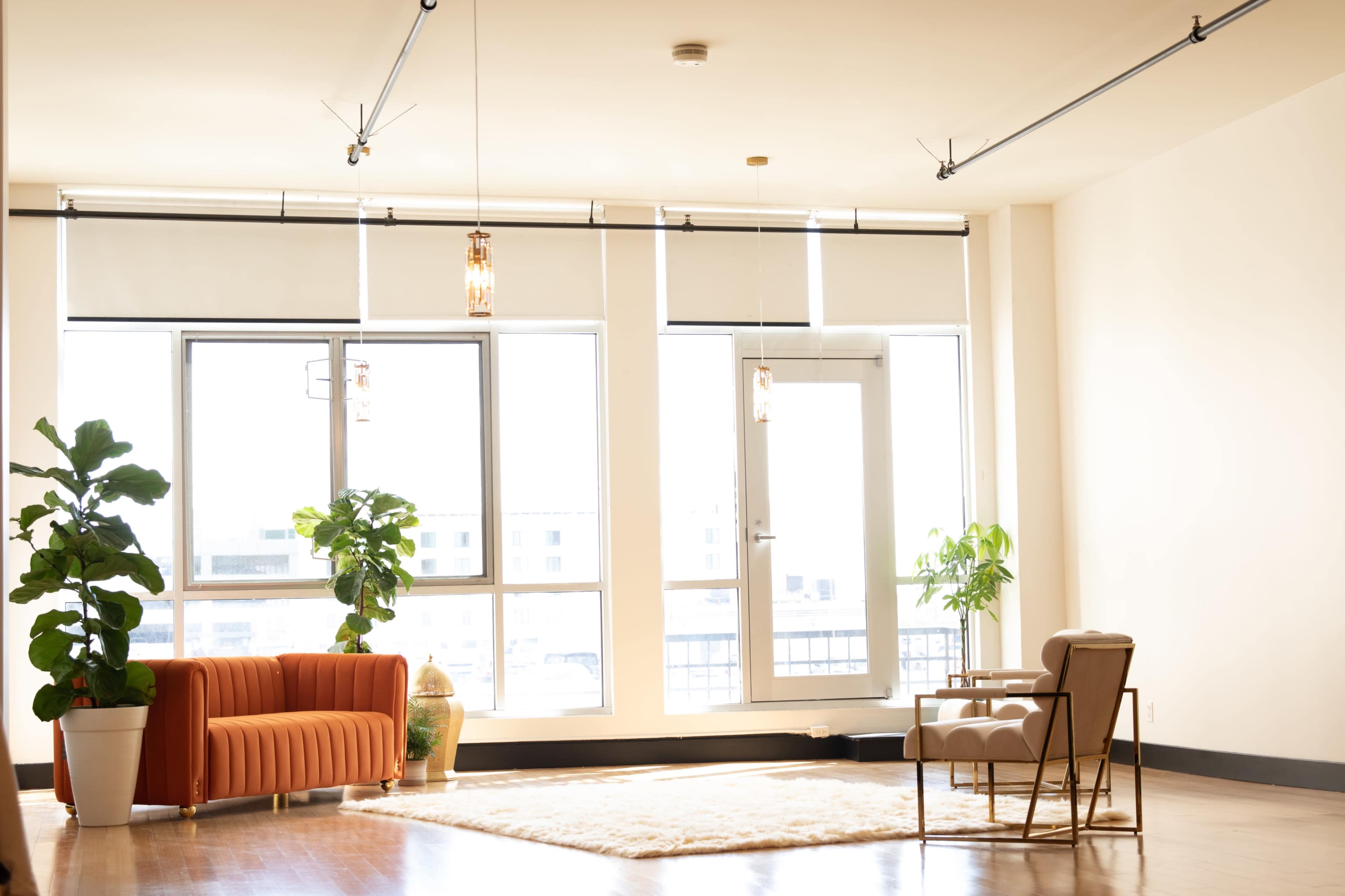 A spacious living room features a rust-colored sofa, a beige armchair, large windows allowing natural light, and houseplants next to a soft area rug.