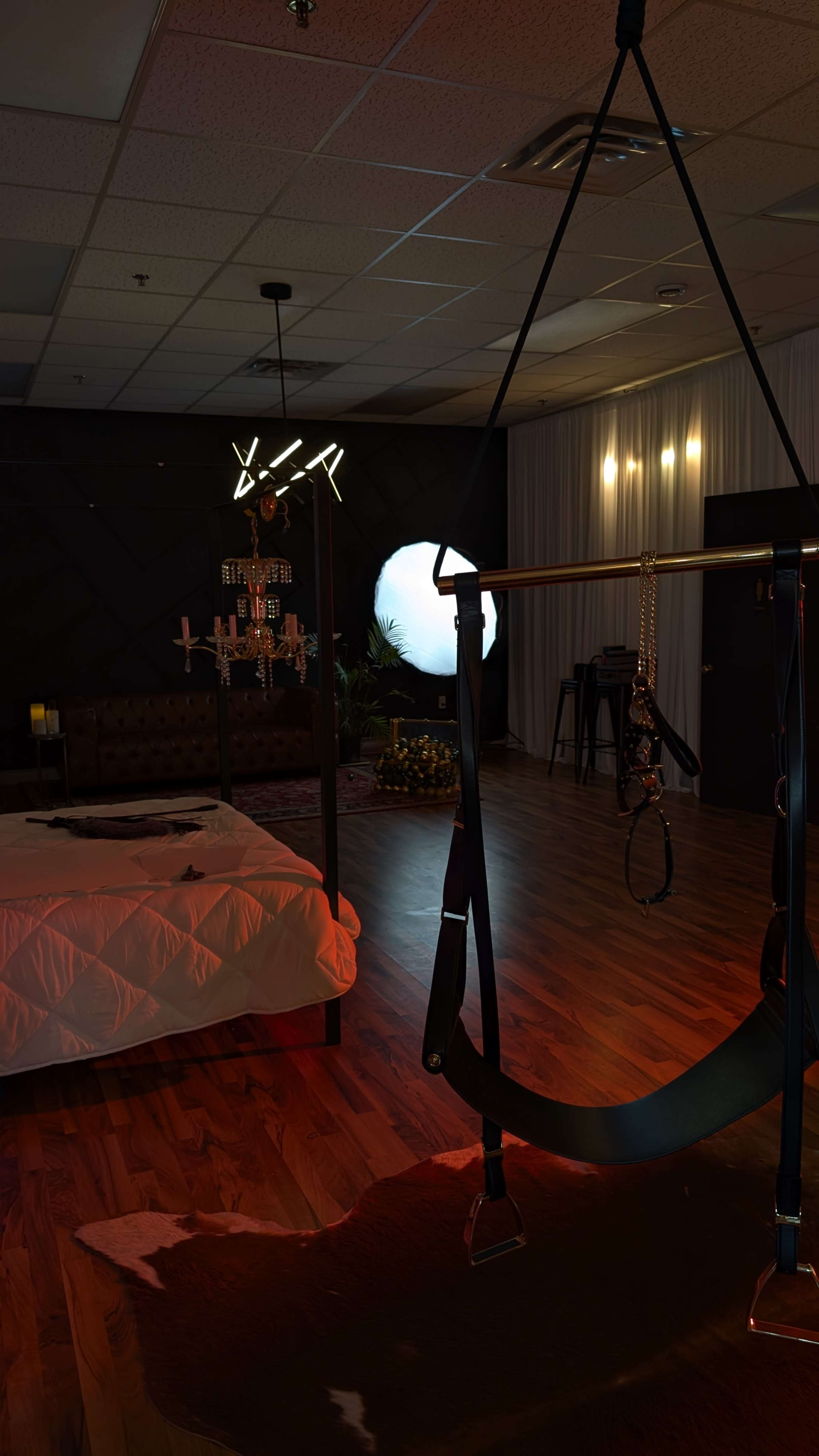 The image features a dimly lit room with a large bed, an ornate chandelier, and a suspension frame displaying bondage gear.