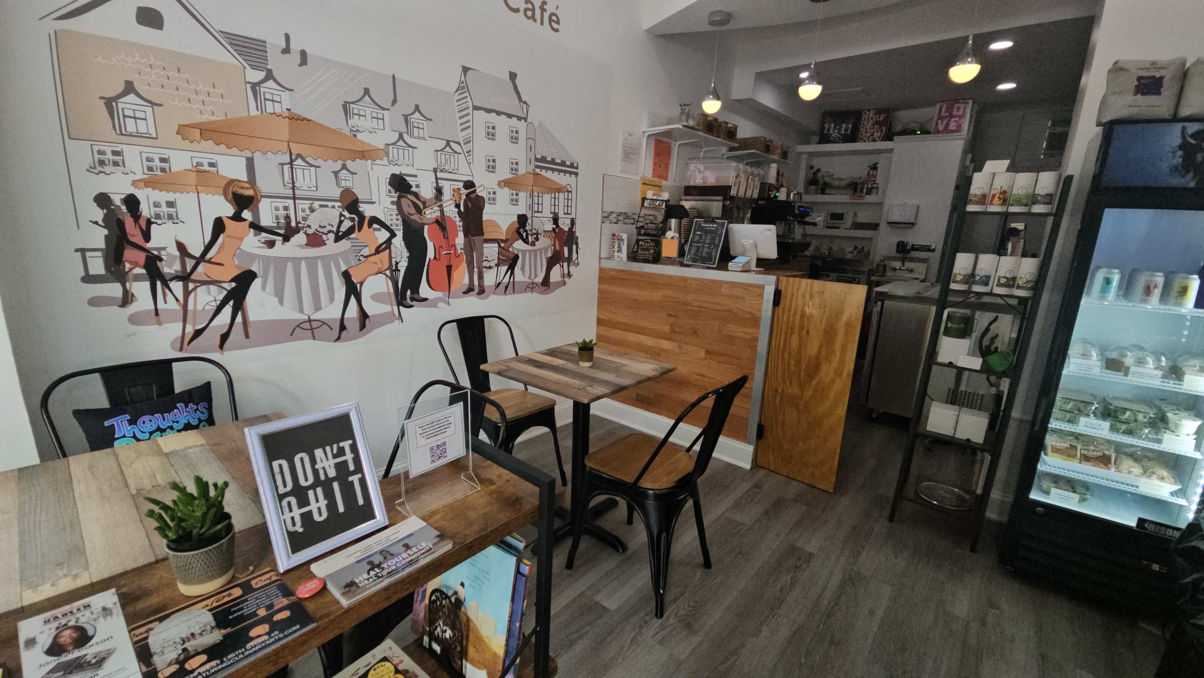 Harlem business and residential street, next to a NYPD Precinct, warm and cozy decor, inspiring manifestation of dreams. Image in Harlem, New York, NY