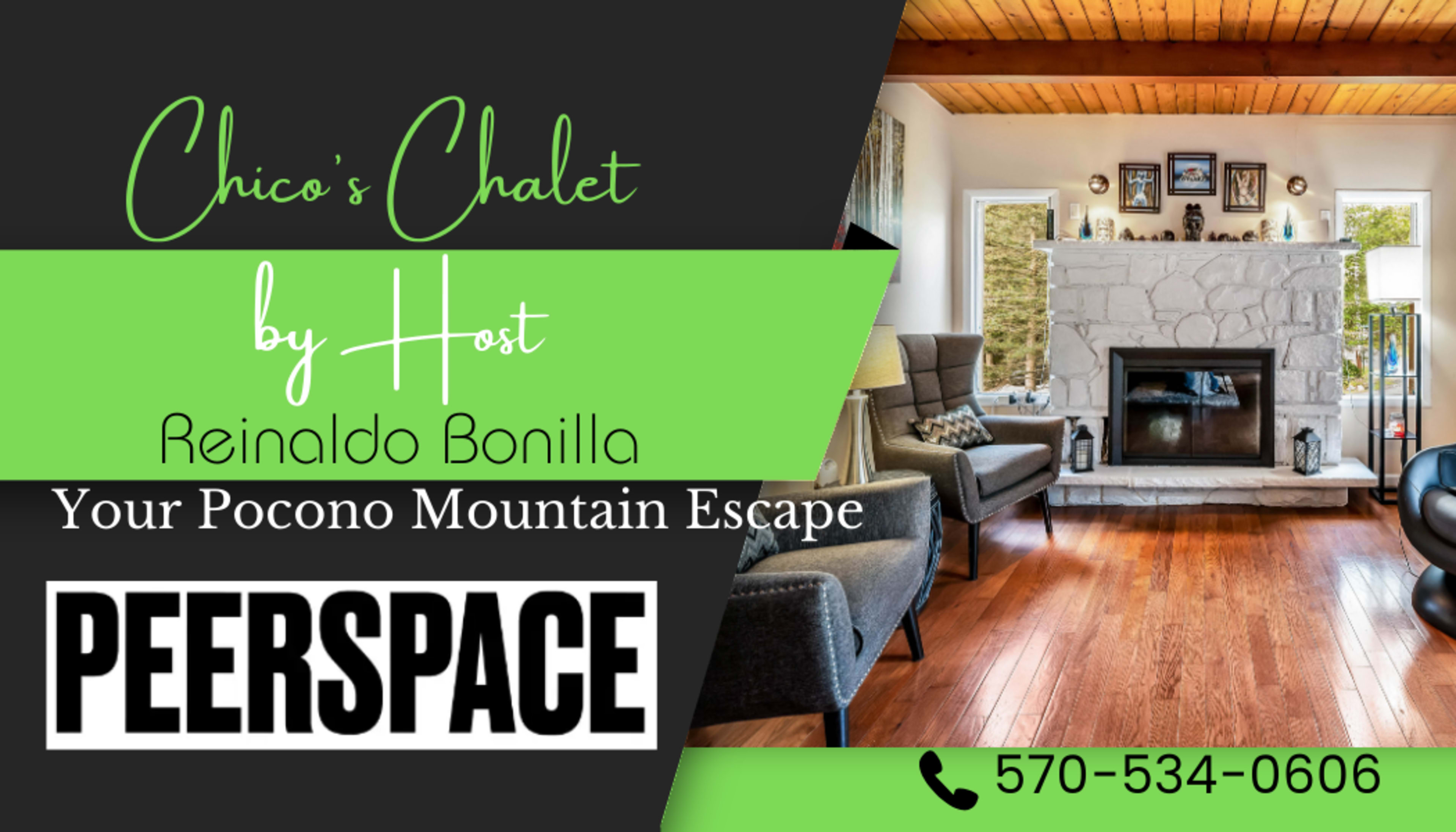 The image promotes a vacation rental called "Chico's Chalet," featuring a cozy living area with a fireplace and modern furnishings in a mountain setting.