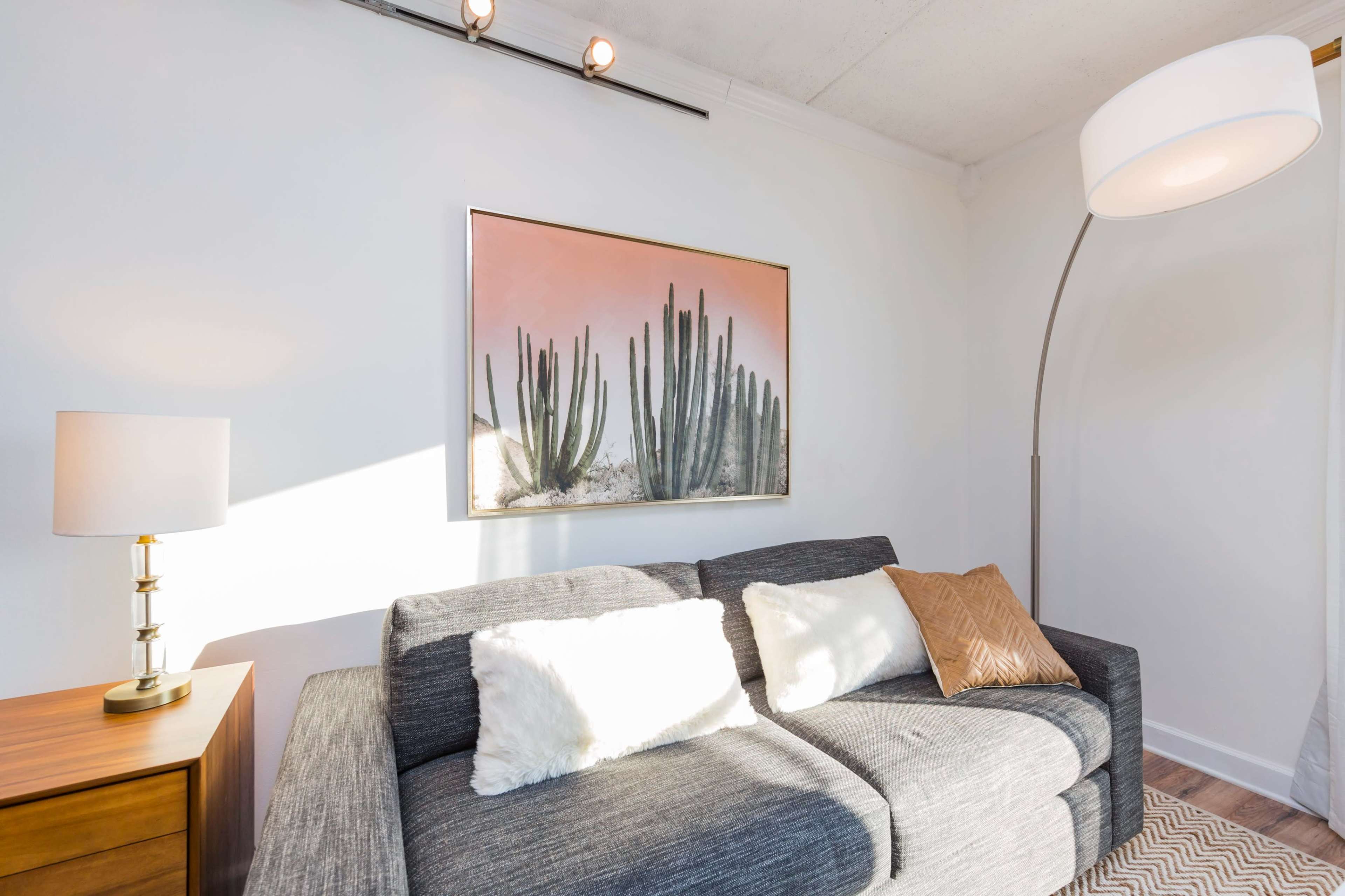 A gray sofa with a decorative pillow is positioned against a wall featuring a framed cactus print, illuminated by a nearby lamp.
